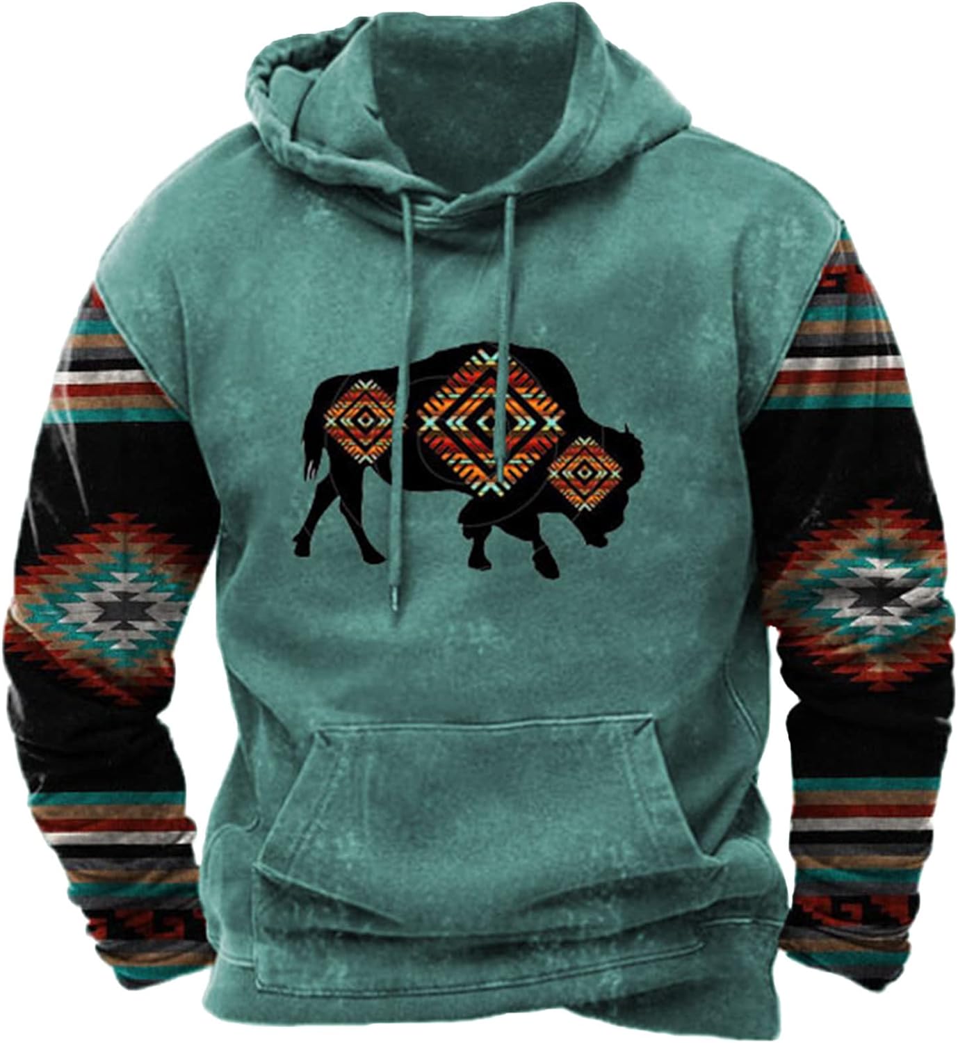 Mens Hoodies Pullover Western Aztec Ethnic Hooded Sweatshrits Lightweight Casual Ethnic Cow Print Graphic Hoodie