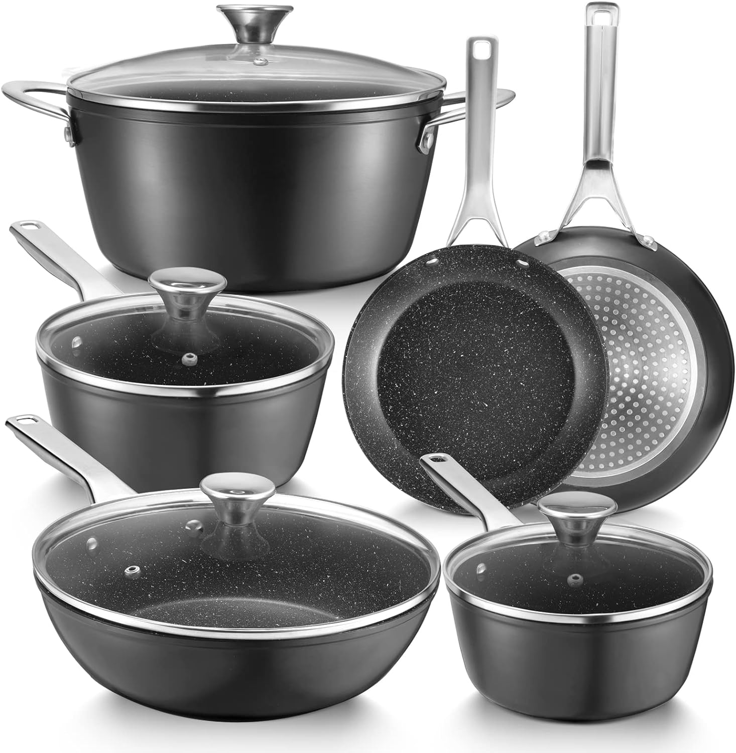 Induction Cookware Set, Fadware Pots and Pans Set Nonstick, Dishwasher Safe Pan Sets for Cooking, Utensils Set w/Frying Pans, Saucepans & Stockpot, Kitchen Essentials for New Home, Black