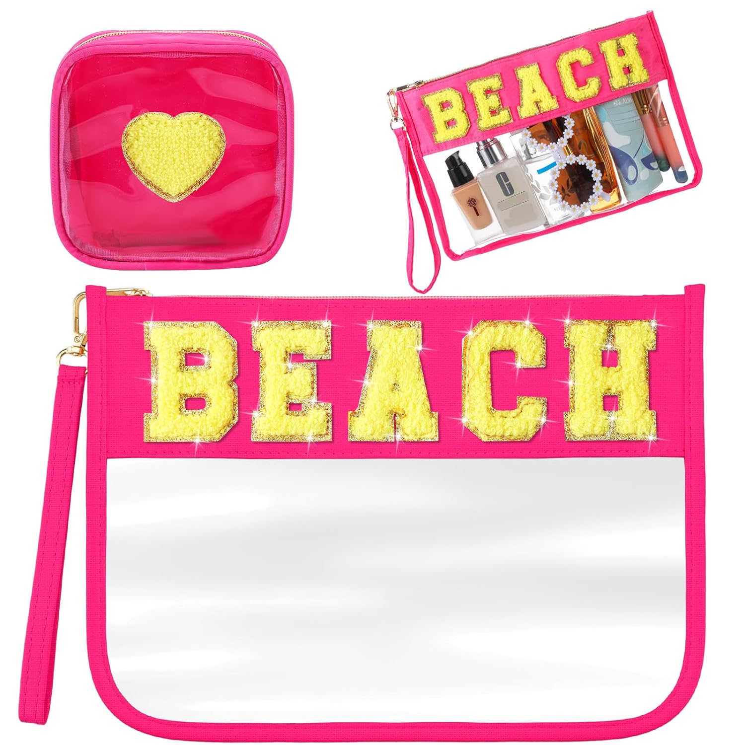 Hillban 2 Pcs Beach Makeup Bag Clear Cosmetic Toiletry Pouch Chenille Letter Patch Bags Preppy Summer Waterproof PVC Travel Purse Snack Portable Storage for Women Girls