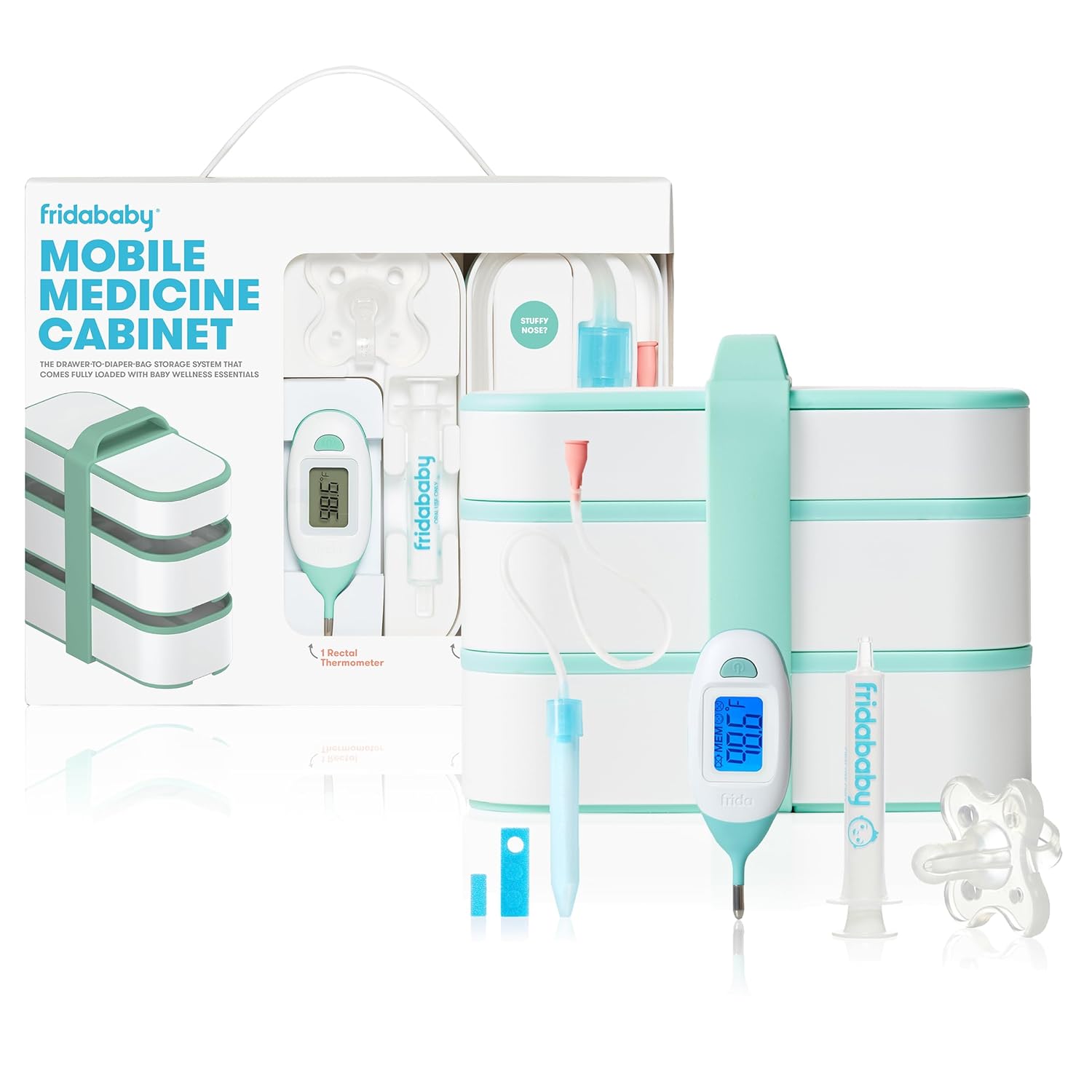Frida Baby Mobile Medicine Cabinet Travel Kit | Baby Essentials Gift Set Includes NoseFrida Snotsucker, Rectal Thermometer, MediFrida Medicine Dispenser with Portable Carrying Case
