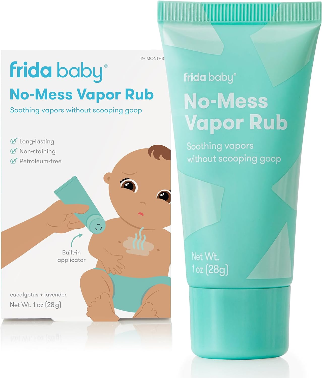 Frida Baby No-Mess Vapor Rub, Baby Vapor Rub for Chest, Neck, Back + Foot,Non-staining, Petroleum-Free Hands-Free Applicator Tube, Soothing Eucalyptus & Lavender for Sleep