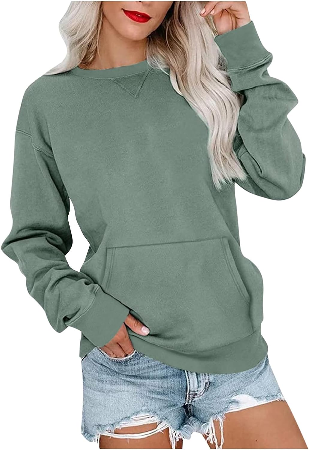 Women’s Long Sleeve Sweatshirts Trendy Solid Crewneck Casual Shirts Loose Fit Plus Size Pullover Fall Tops Blouse