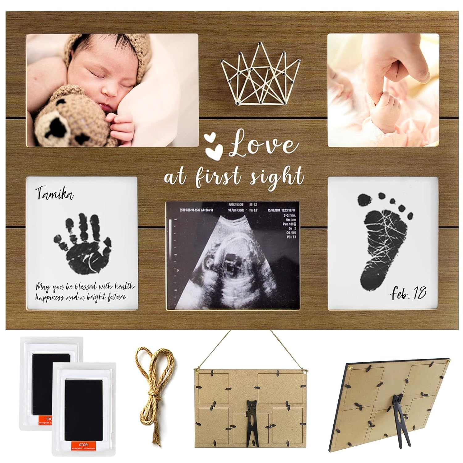 Baby Handprint Footprint Keepsake Kit – Ultrasound and Newborn Picture Brown Nursery Decorative Wood Frame Kit with No-Clean Print Pad for Baby Shower or New Parents Gift