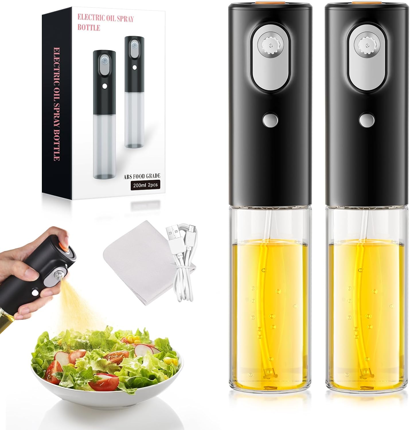 Oil Spray Bottle – Electric Oil Sprayer for Cooking – 200ml Glass Olive Oil Sprayer – Continuous Spray with Portion Control – Two Spray Methods – Kitchen Gadgets Accessories for Air Fryer (2 Pack)