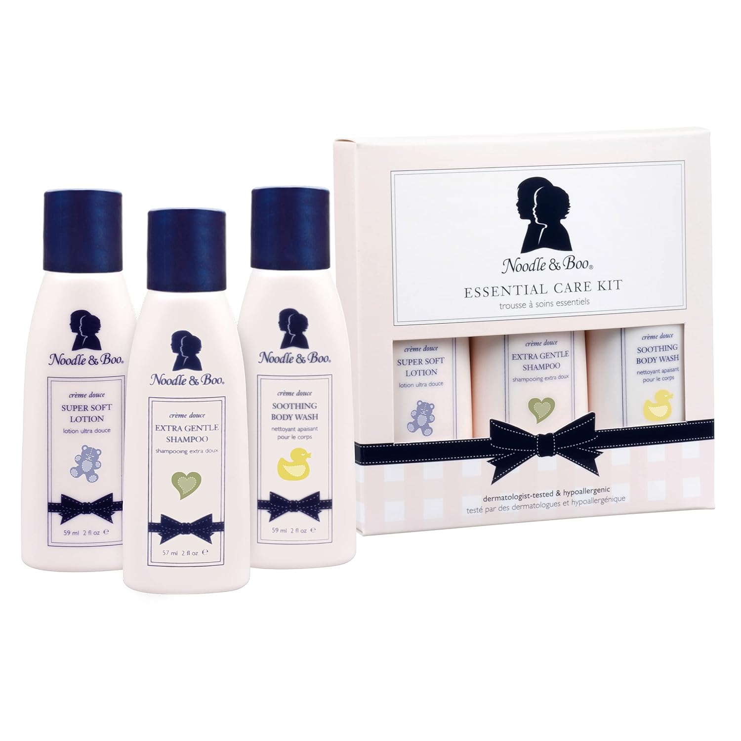 Noodle & Boo Essential Care 3 Piece Kit Super Soft Baby Lotion(2 Oz), Extra Gentle Shampoo(2 Oz) and Soothing Body Wash(2 Oz)