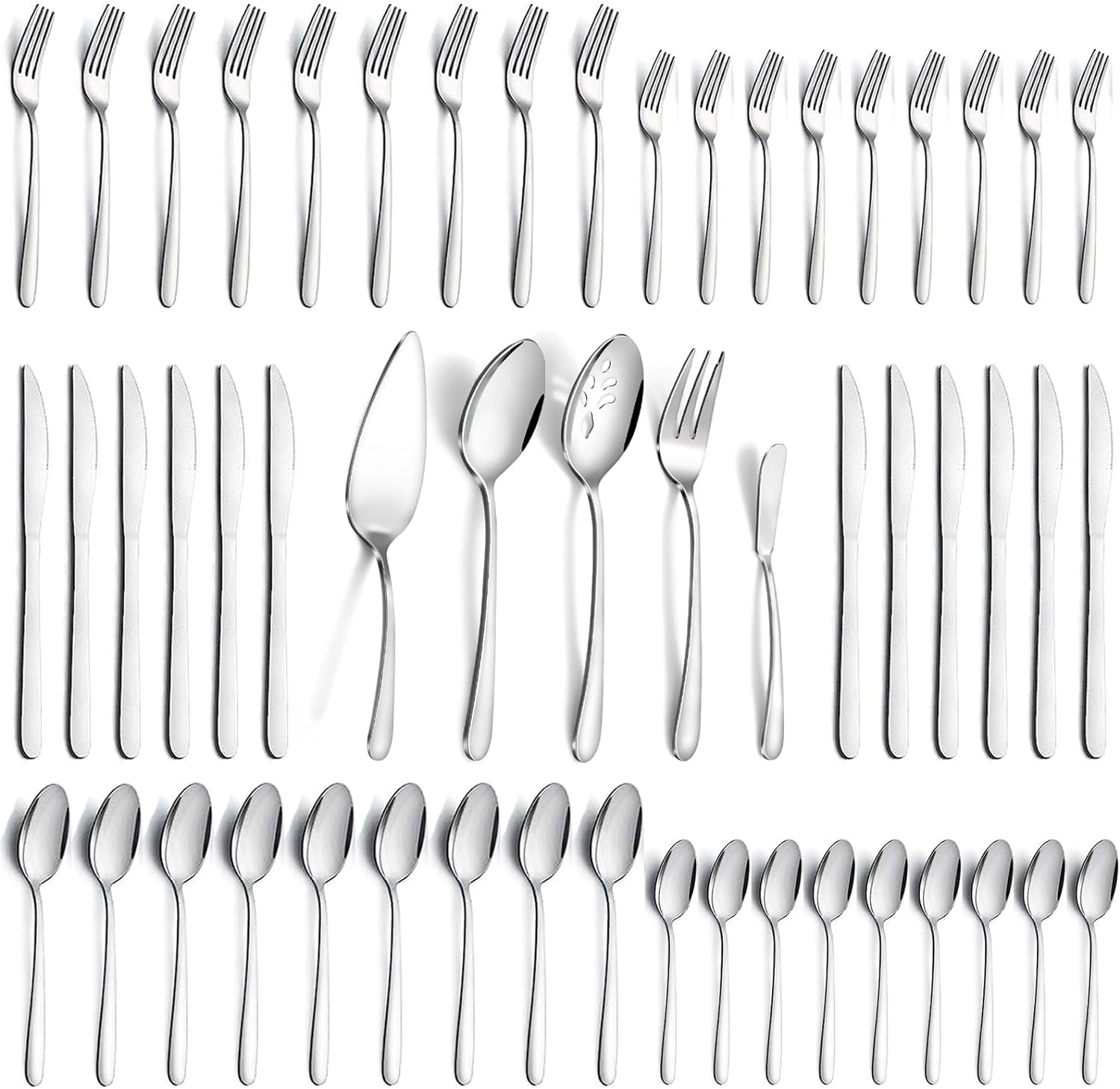 65 Piece Stainless Steel Silverware Set for 12 with Serving Utensils, Premium Polished Flatware Sets, Forks Spoons and Knives Set, Food-Grade Cutlery Set for Home Kitchen, Dishwasher Safe