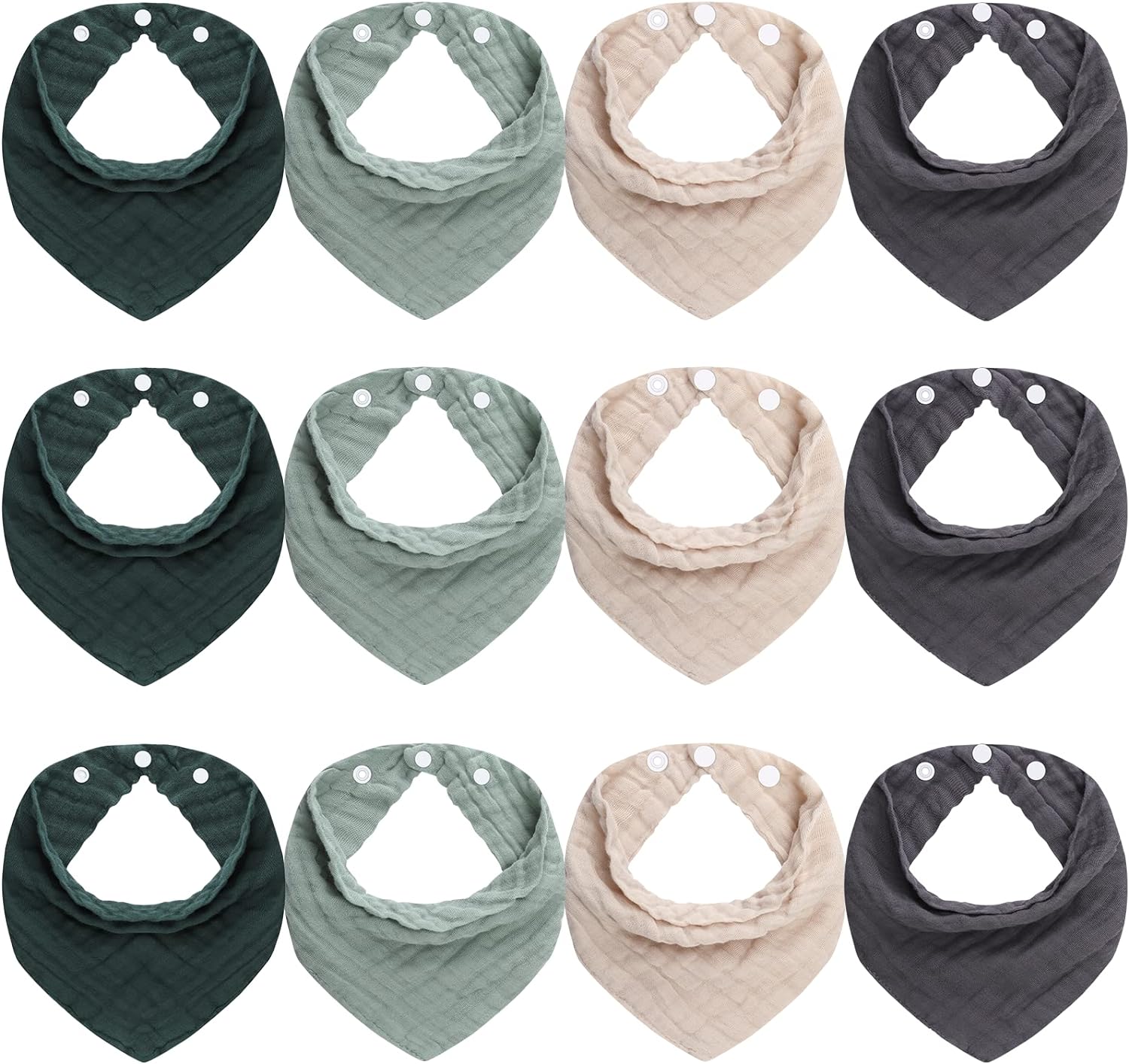 12-Pack Muslin Baby Drool Bibs 100% Cotton for Boys and Girls,Soft and Absorbent/Atrovirens/Green/Apricot white/Grey