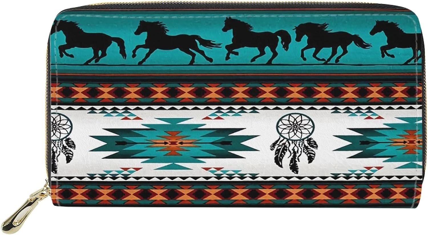 Wanyint Southwest Women Wallet Horse Zipper Around PU Leather Purse Handbag for Lady Girls Native American Couch Blnket Navajo in Green Indian Tribal Cell Phone Pouch ID Card Holder Handbag
