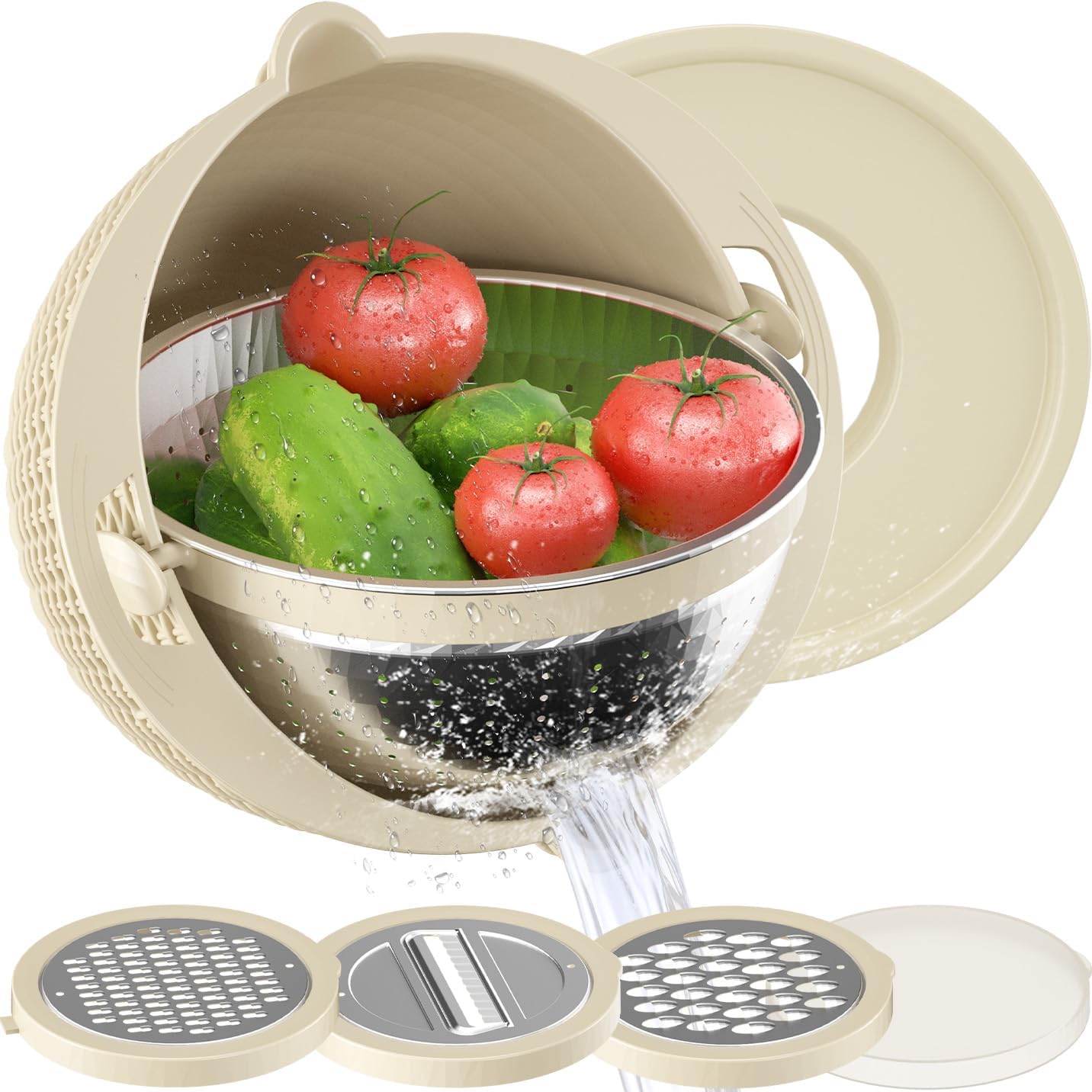 4-1 Colander with Mixing Bowl Set – for Kitchen, Food, Pasta And Rice Strainer, Fruit Cleaner, Veggie Wash, Salad Spinner, Apartment & Home Essentials – Beige