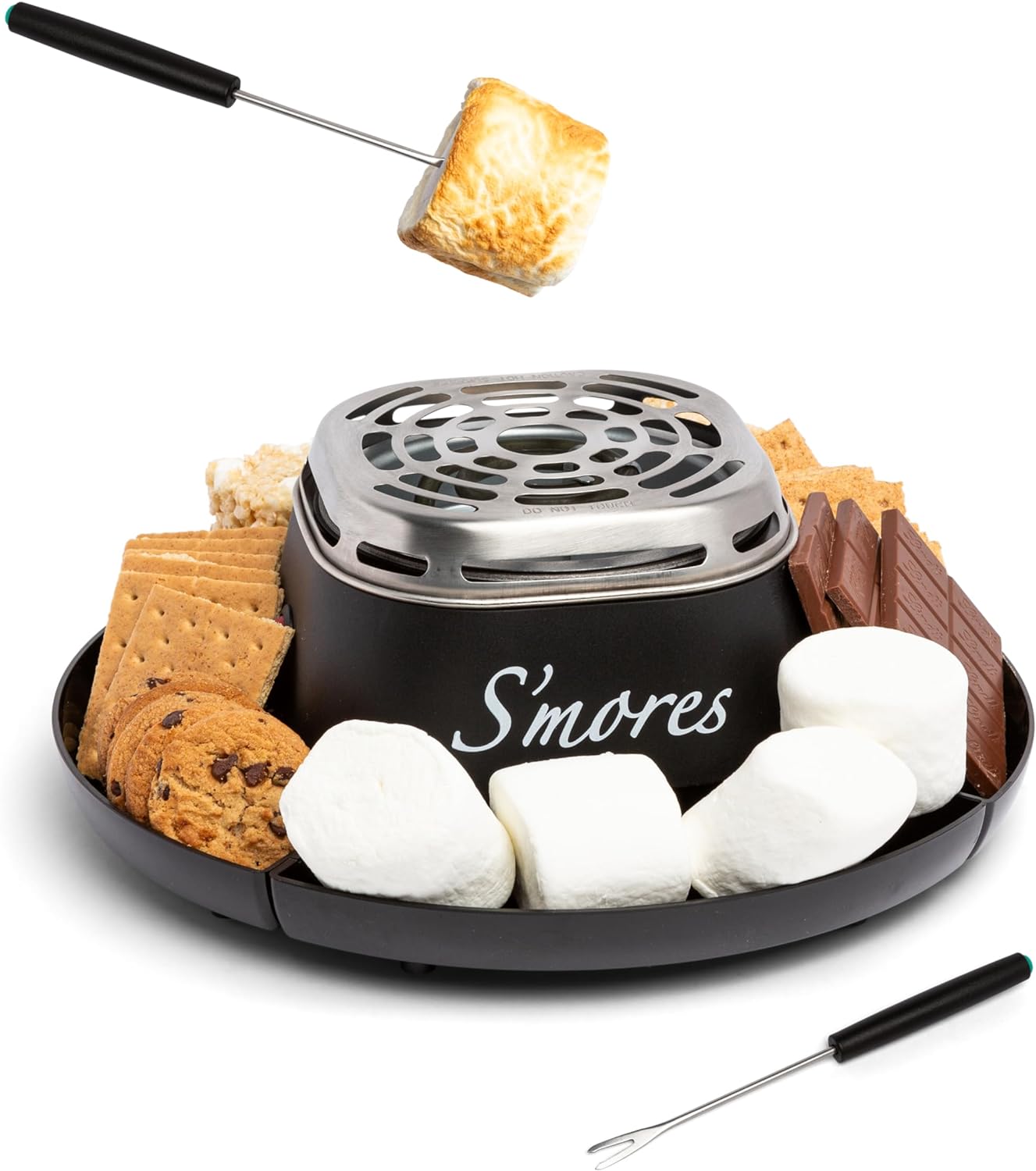 Nostalgia Tabletop Indoor Electric S’mores Maker – Smores Kit With Marshmallow Roasting Sticks and 4 Trays for Graham Crackers, Chocolate, and Marshmallows – Movie Night Supplies – Black