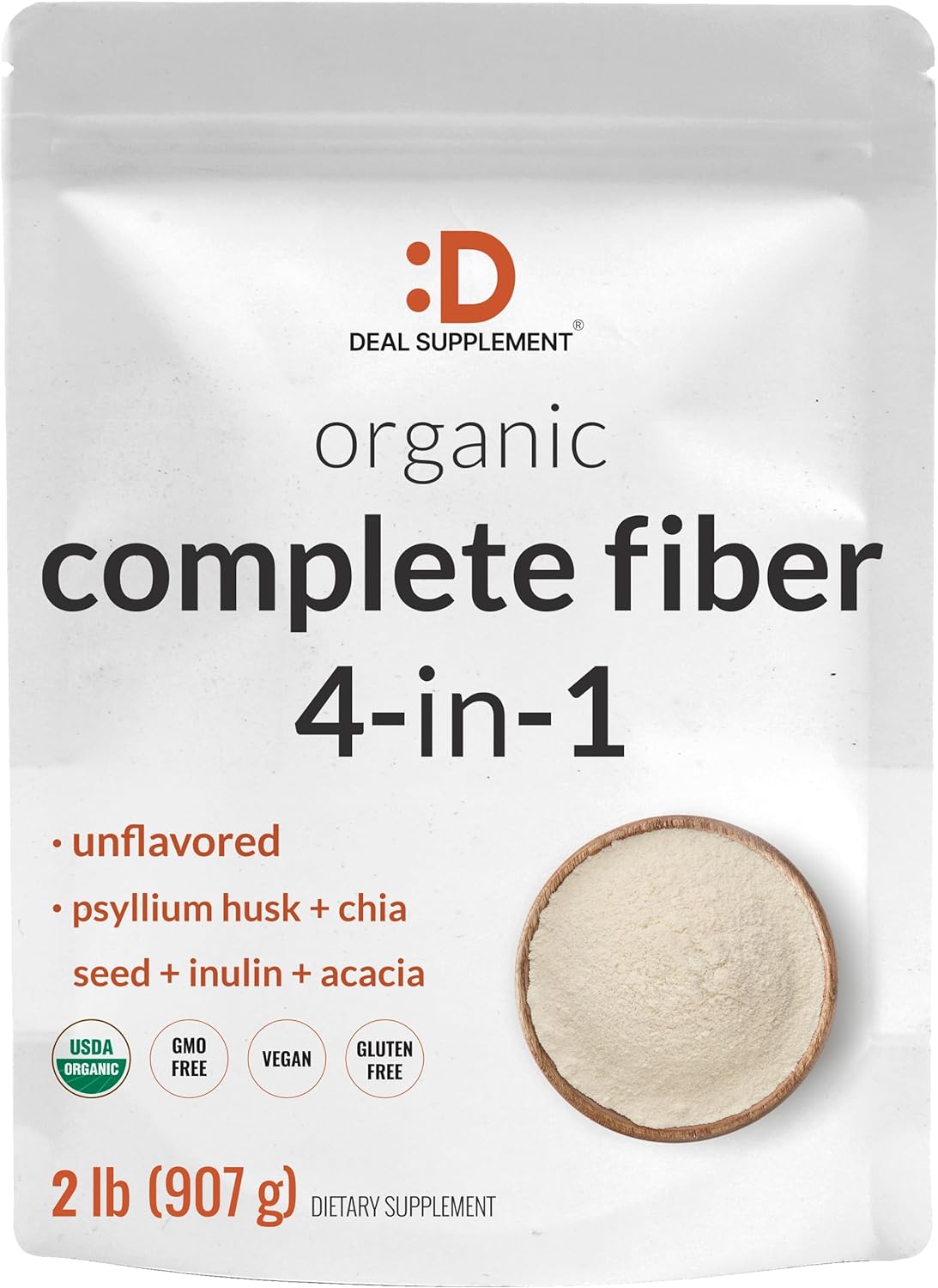DEAL SUPPLEMENT Organic Fiber Powder Supplement, 2lbs – with Psyllium Husk, Chia Seed, Inulin, & Acacia – Daily Fiber for Adults – Rich in Prebiotics for Gut & Digestive Health – Unflavored, Non-GMO