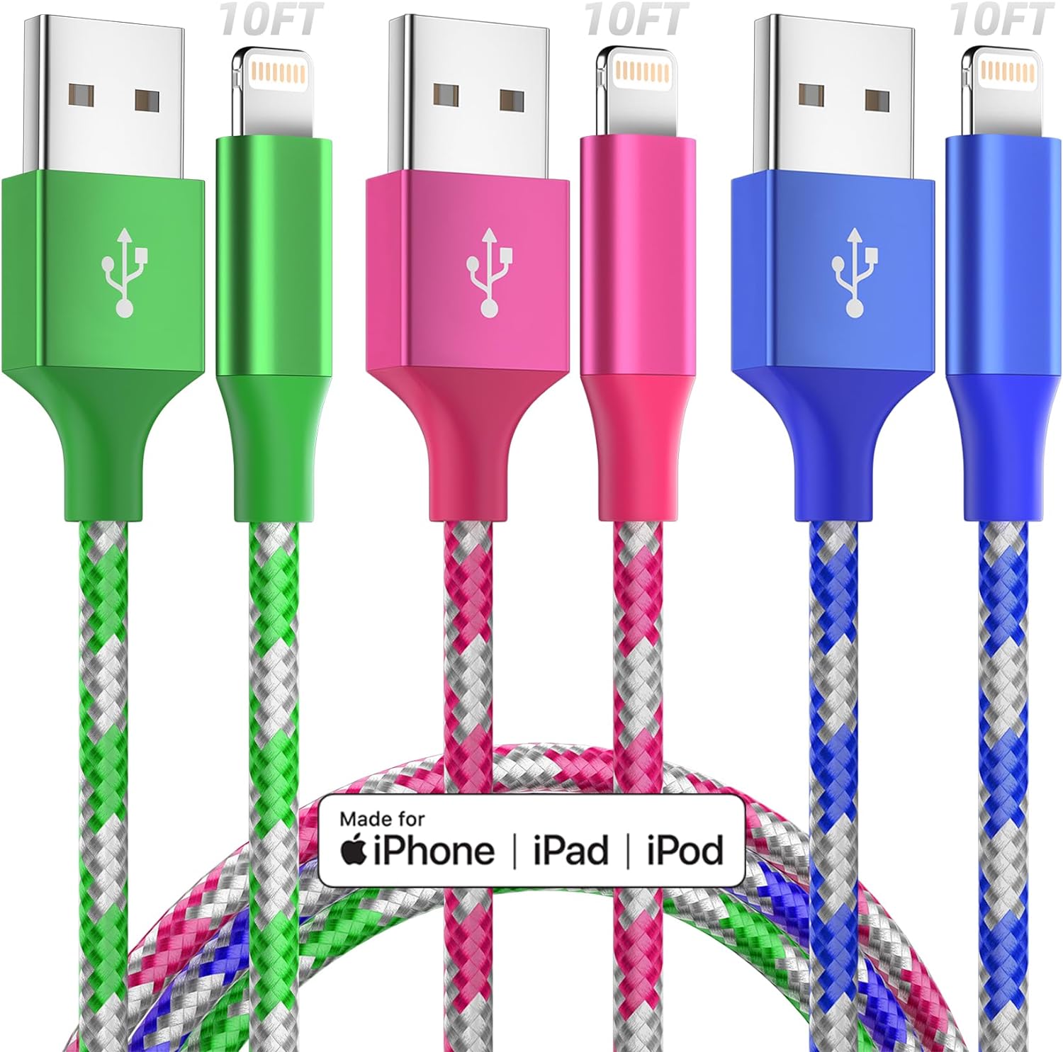 [Apple MFi Certified] iPhone Charger Fast Charging 3 Pack 10 FT Lightning Cable iPhone Charger Cable Nylon Braided Long iPhone Cord Compatible with iPhone 14 13 12 11 X Pro Max Plus SE and More