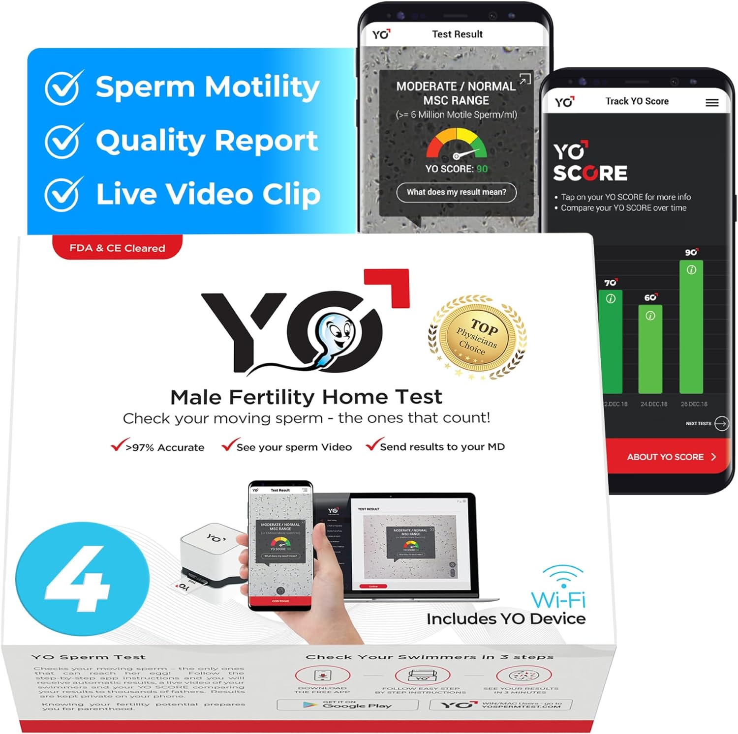 YO Home Sperm Test | at-Home Fertility Test Kit for Men | Check Motile Sperm Concentration with | Fast Results Using Your Smartphone | Includes 4 Tests | Private, Convenient, Easy to Use