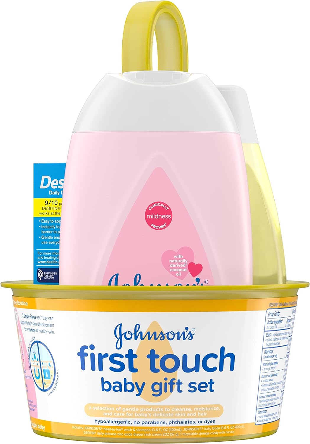 Johnson’s First Touch Baby Gift Set, Baby Bath, Skin & Hair Essential Products, Kit for New Parents with Wash & Shampoo, Lotion, & Diaper Rash Cream, Hypoallergenic & Paraben-Free, 4 items