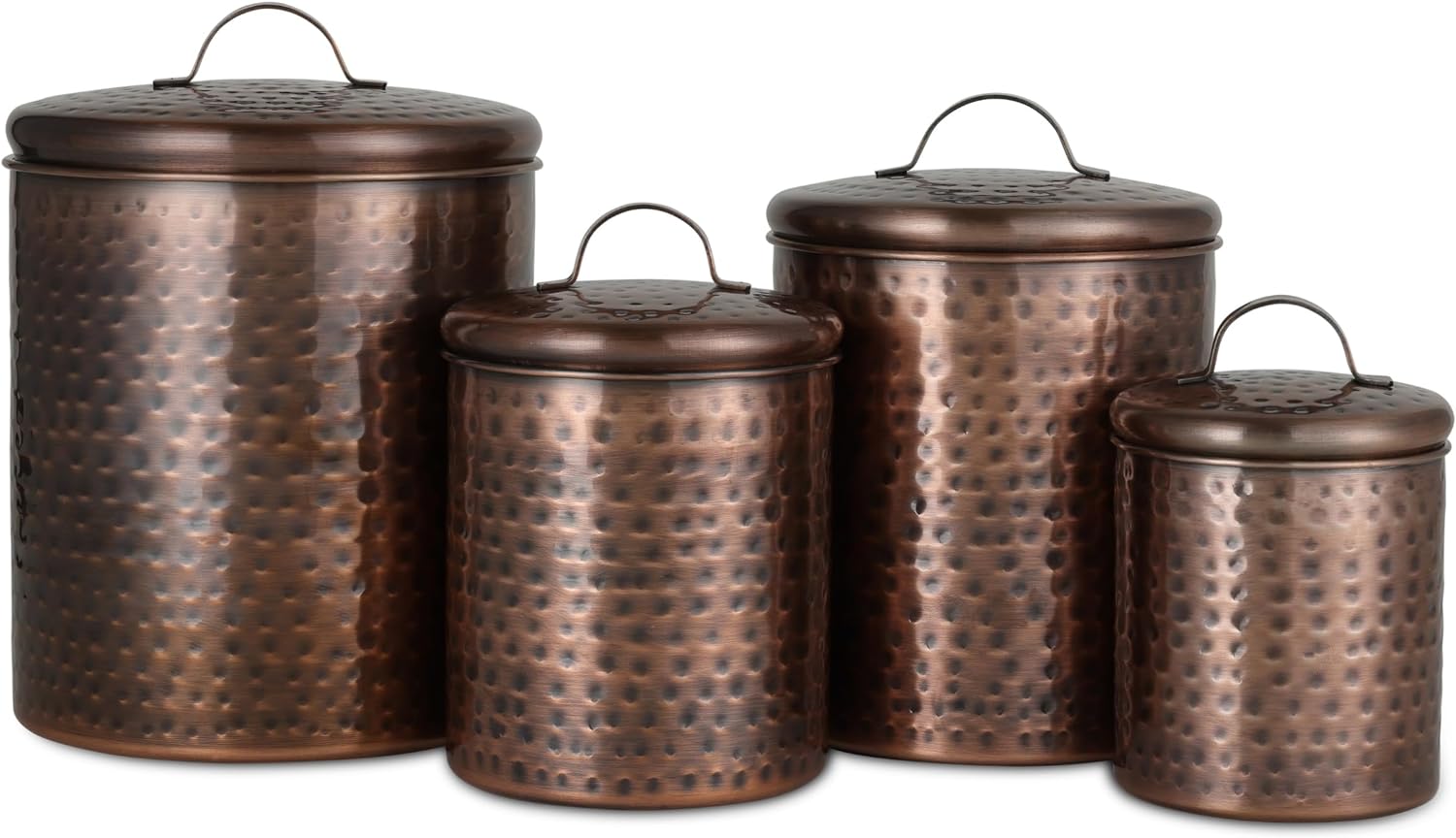 BIRDROCK HOME 4pc Canister Set | Hammered Antique Copper | Fitted Lid | Farmhouse Décor | Rustic Metal Storage Canisters for Kitchen Countertop