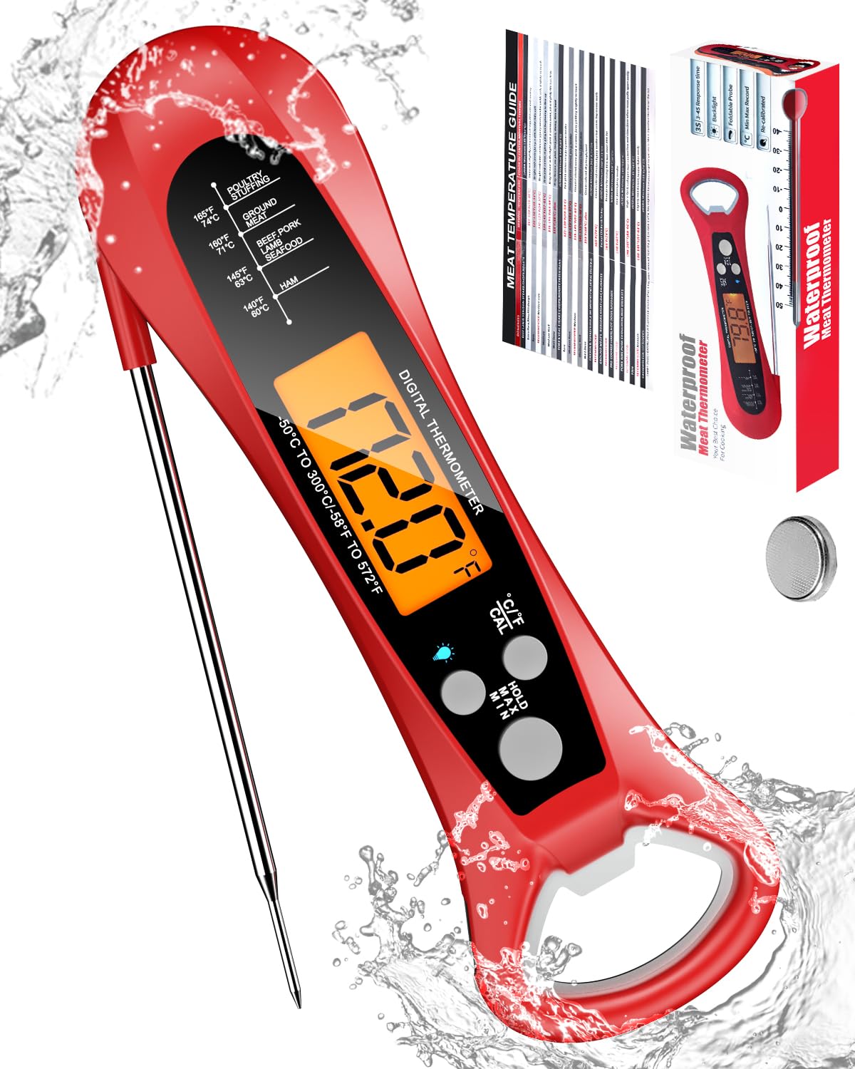 Meat Thermometer Digital, Instant Read Meat Thermometer for Grill and Cooking, Waterproof Food Thermometer for Kitchen and Outside, BBQ, Turkey, Candy, Liquids, Beef