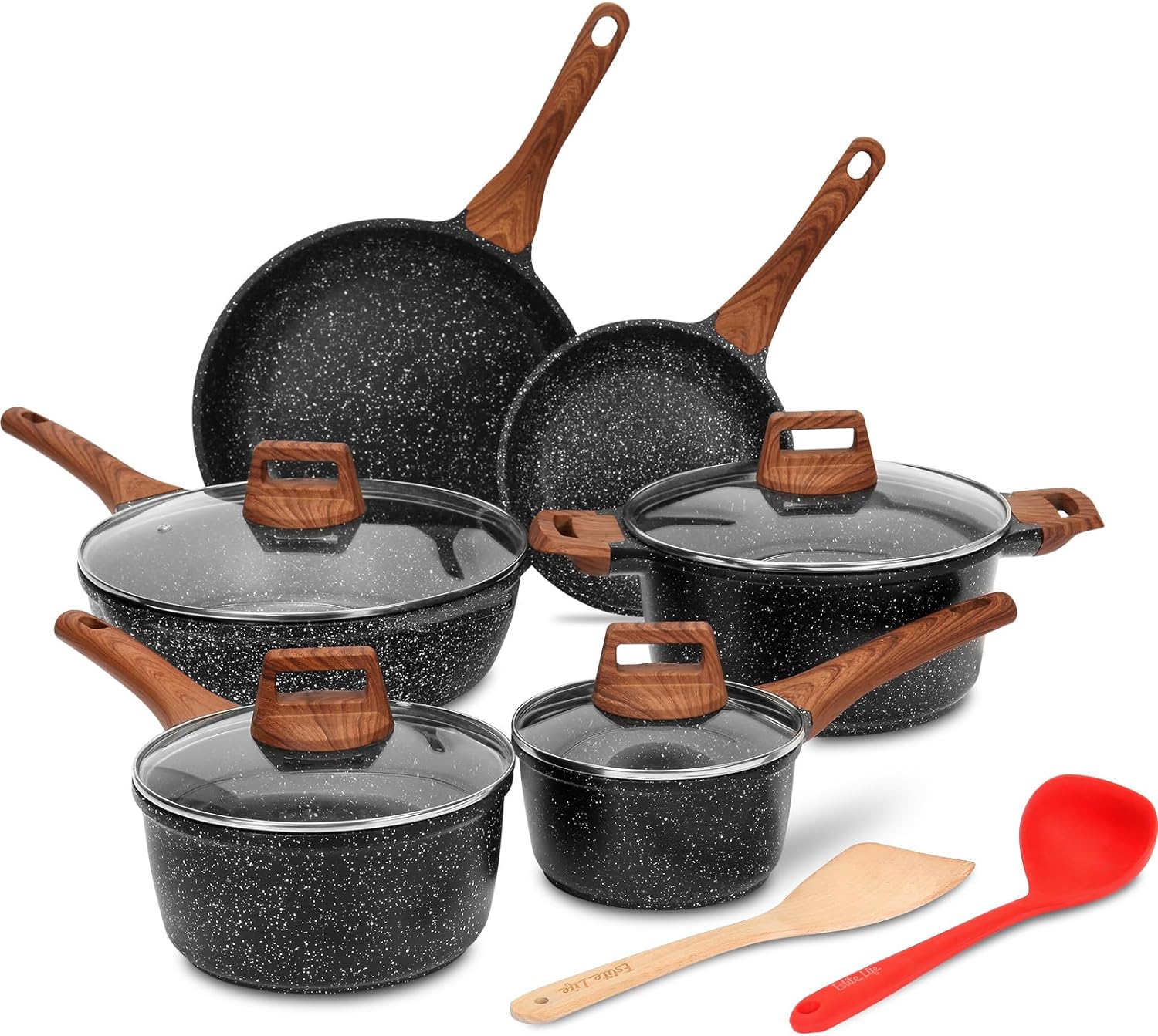 ESLITE LIFE Nonstick Cookware Sets, 12 Pcs Granite Coating Pots and Pans Set Kitchen Cooking Set, Compatible with All Stovetops (Gas, Electric & Induction), PFOA Free, Black