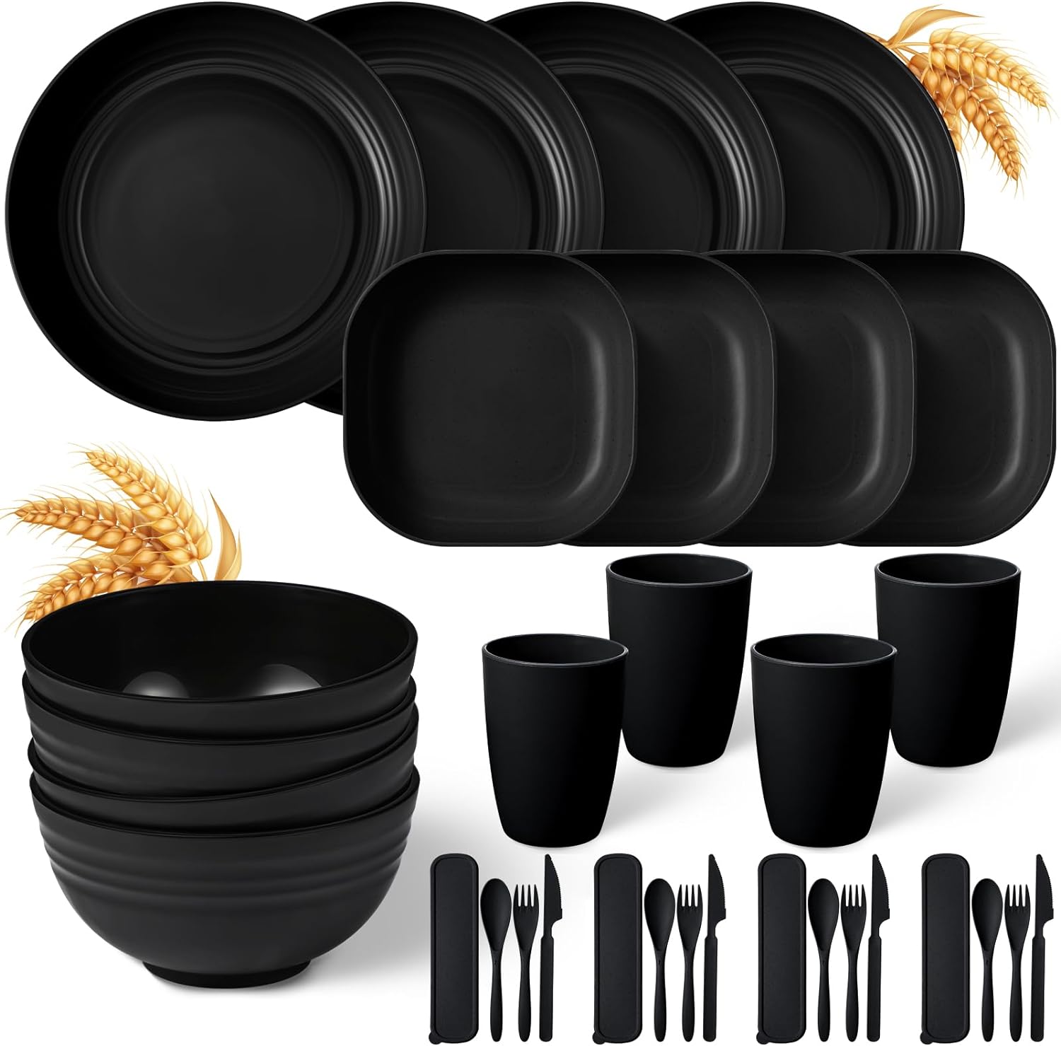 Wheat Straw Dinnerware Sets Unbreakable Plates and Bowls Microwave Safe Plastic Lightweight Knives Forks Spoons for Kitchen Outdoor Camping Party(Black, 32 Pcs)