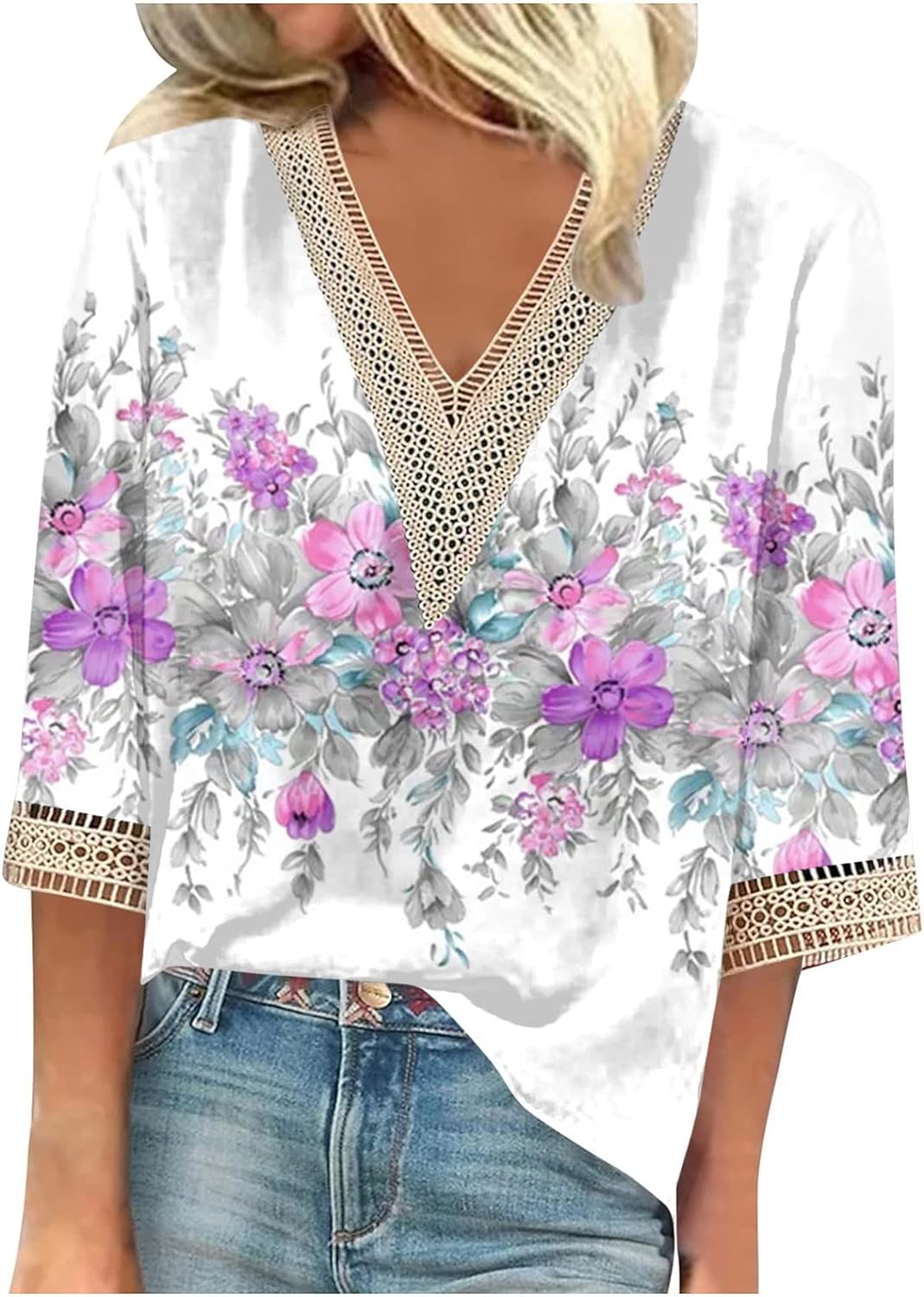 Summer Tops for Women 2024,Women’s Casual Loose 3/4 Sleeve Shirts Lace Vintage tees V Neck Shirts Blouses Dressy Casual