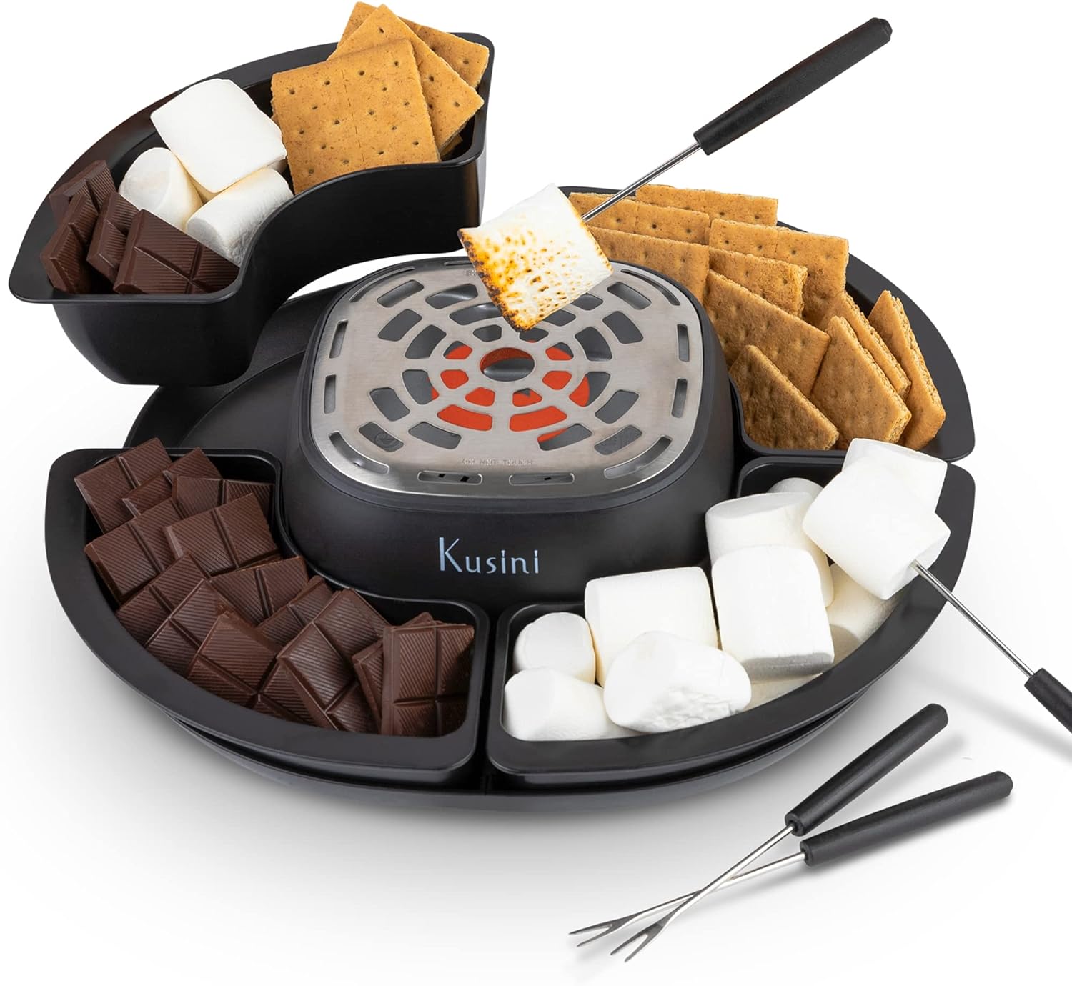Smores Maker Tabletop Indoor – Flameless Electric Marshmallow Roaster – 4 Detachable Trays & 4 Roasting Forks – Gift Set & Date Night Idea. Movie Night Supplies & Housewarming Gift