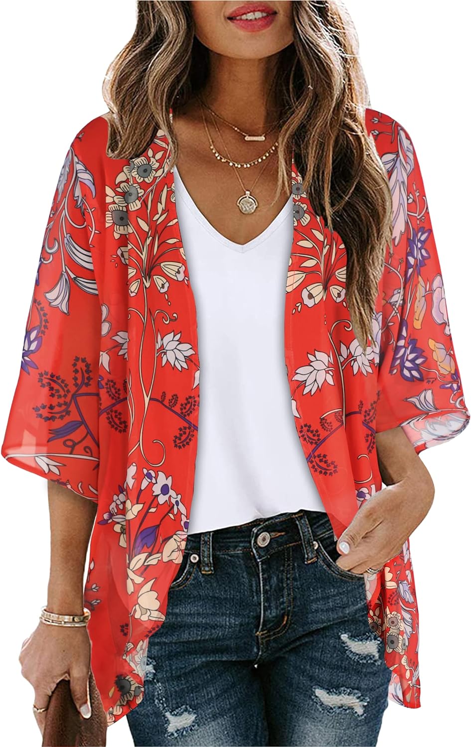 Women’s Floral Print Puff Sleeve Kimono Cardigan Loose Cover Up Casual Blouse Tops