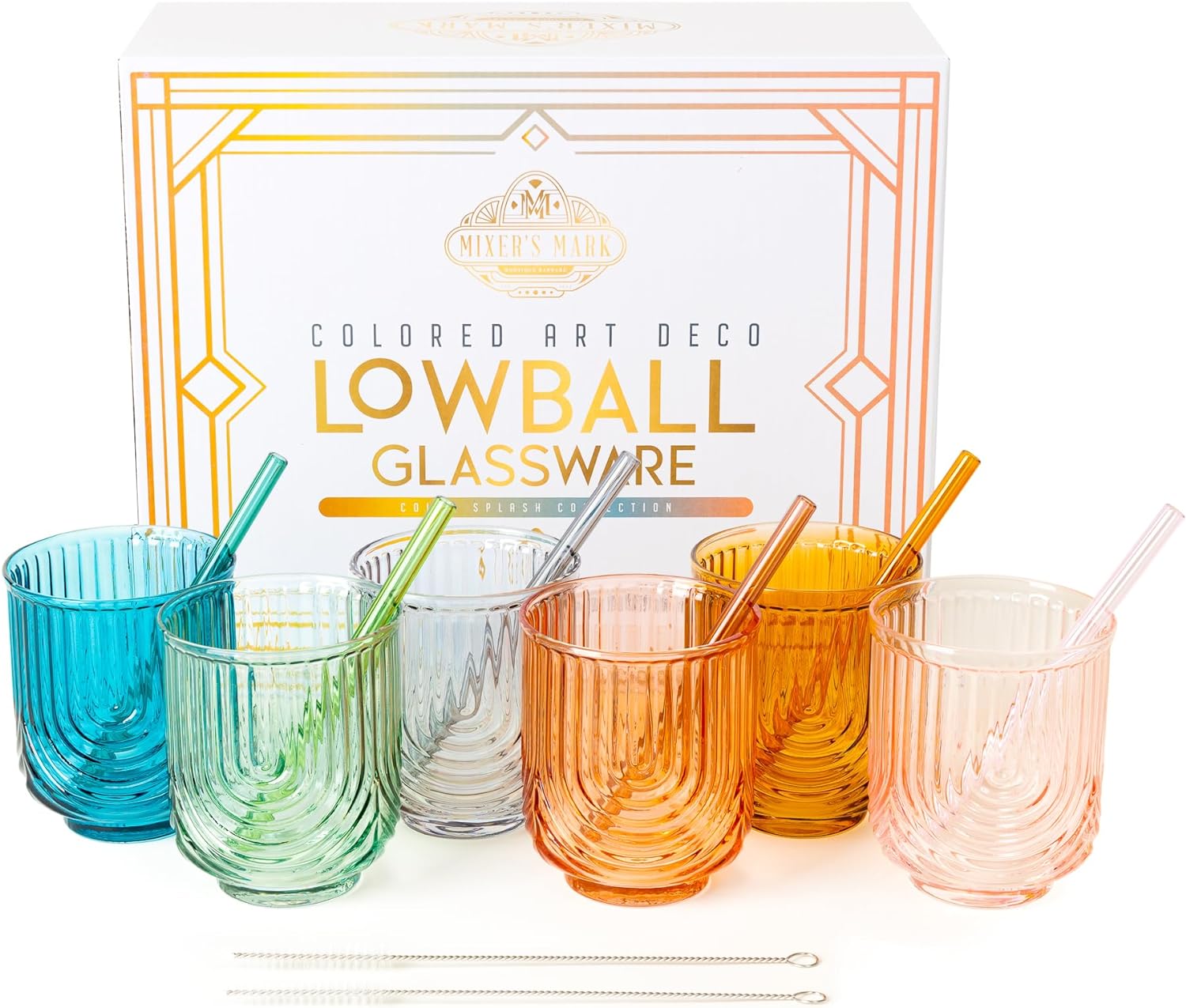 Handmade Colorful Lowball Glasses – 12 Oz Art Deco Cocktail Glasses Set of 6 with Straws & Straw Cleaner – Gift-Ready Low Ball Glasses – Unique Colored Vintage Glassware for Home Bar & Kitchen