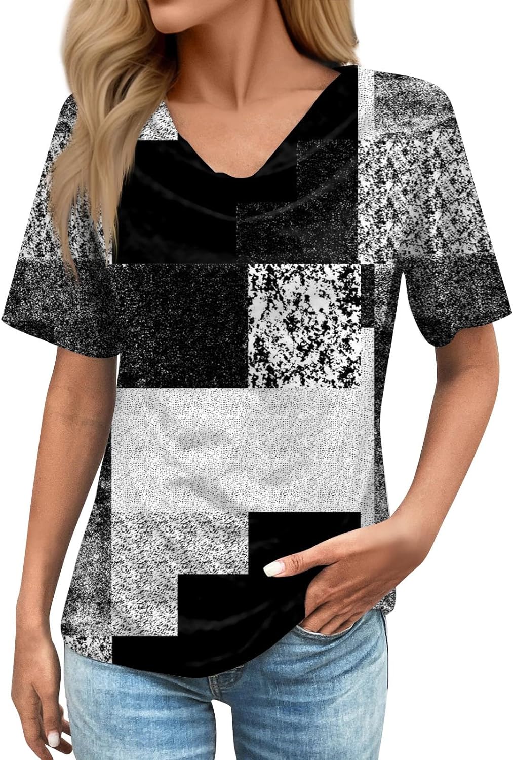 Women’s Fashion Casual Neck Short Sleeve Loose Print T-Shirt Summer Tops Loose Fit Blouse