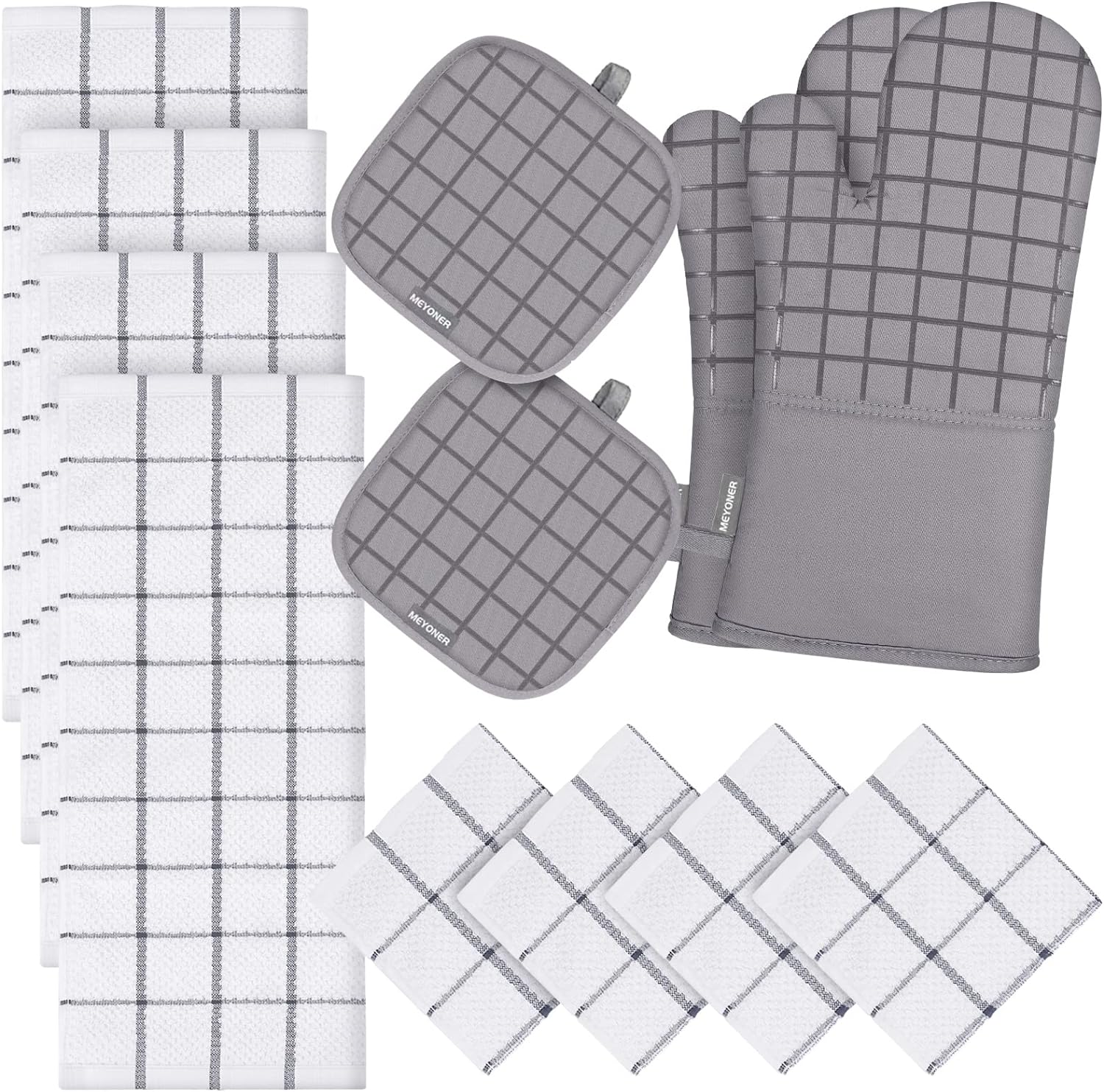 Oven Mitts and Pot Holders Set 500 Degree Heat Resistant Oven Gloves and Hot Pads, Premium Soft Cotton Kitchen Hand Towels and Dish Cloth Hanging Loop Gray