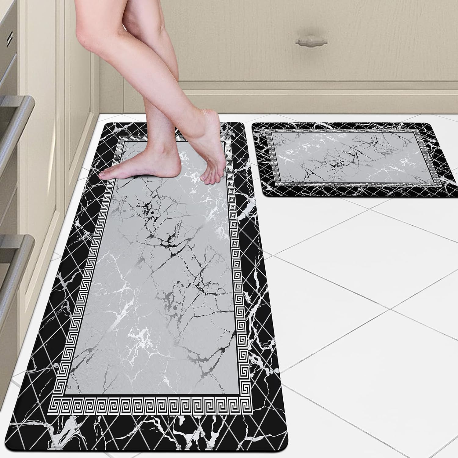 Black Marble Kitchen Mats Anti Fatigue Cushioned Kitchen Rugs Sets of 2 Washable Kitchen Floor Mats Non Slip Waterproof Standing Mat for Kitchen Decor Sink Laundry Office