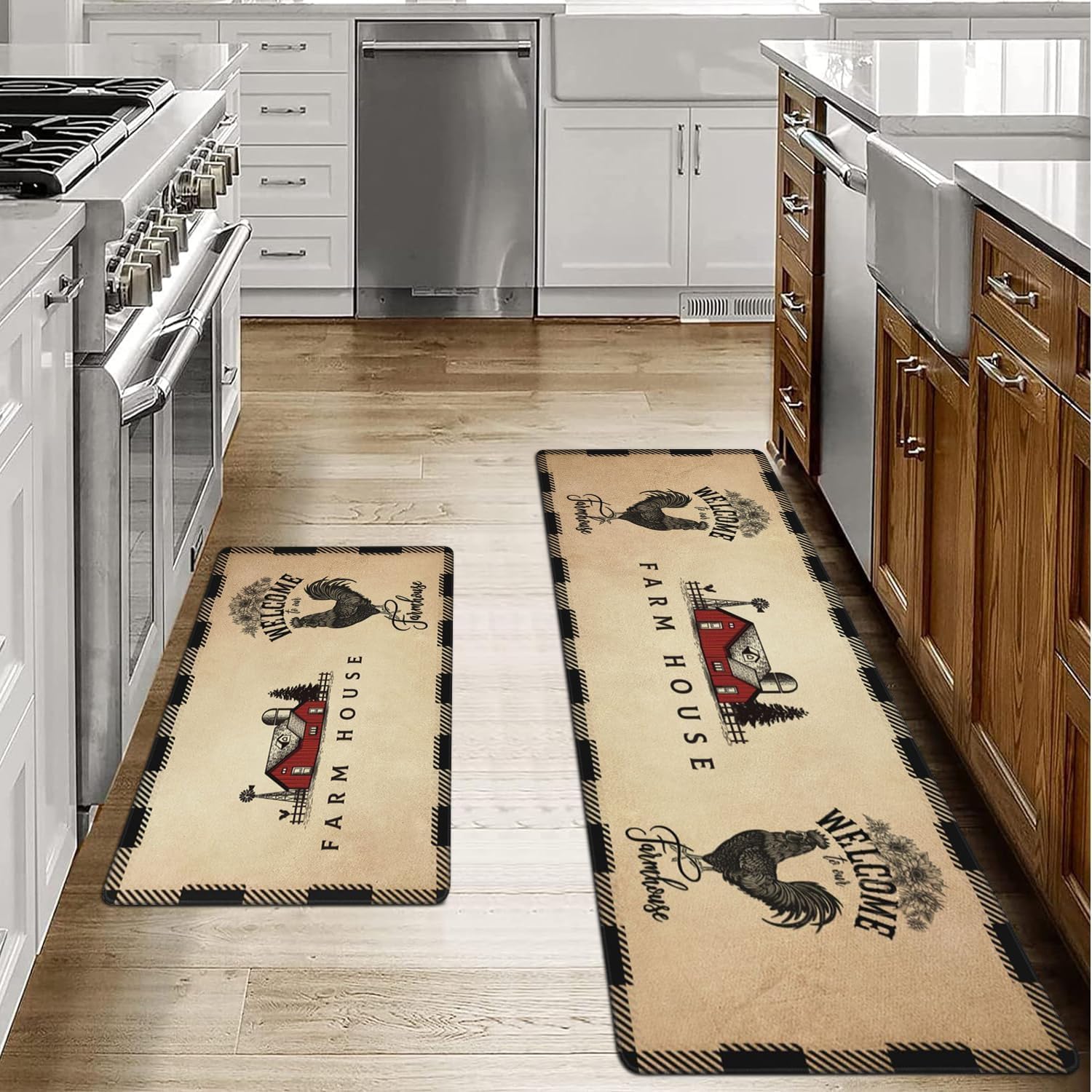 AQQA Farmhouse Kitchen Mats,Thin Rooster Kitchen Rugs Sets of 2, Non Slip Waterproof Kitchen Floor Mats, Home Decor Low-Profile Kitchen Rugs for Laundry, Office, Sink,Desk,19″x35″+19″x59″