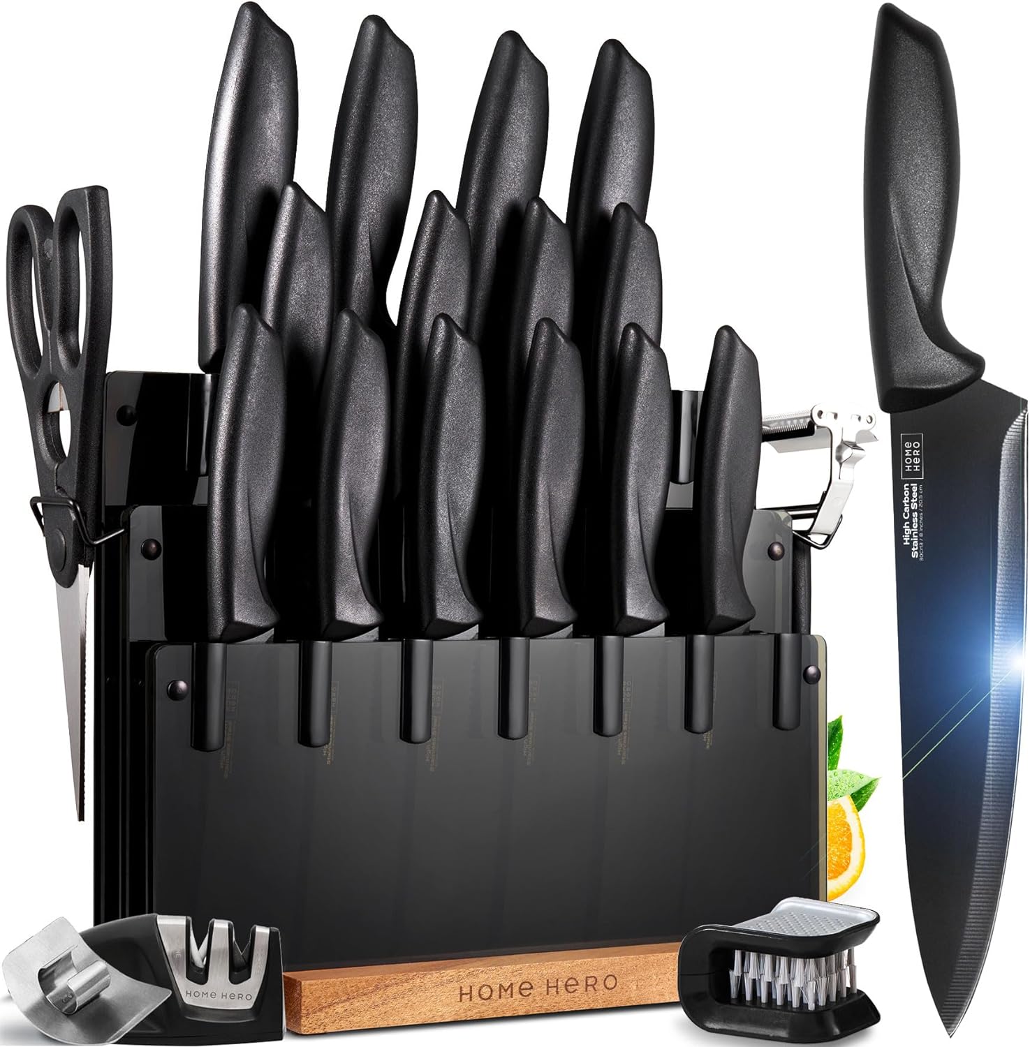 Home Hero Kitchen Knife Set with Sharpener – High Carbon Stainless Steel Knife Block Set with Ergonomic Handles (20 Pcs – Black)