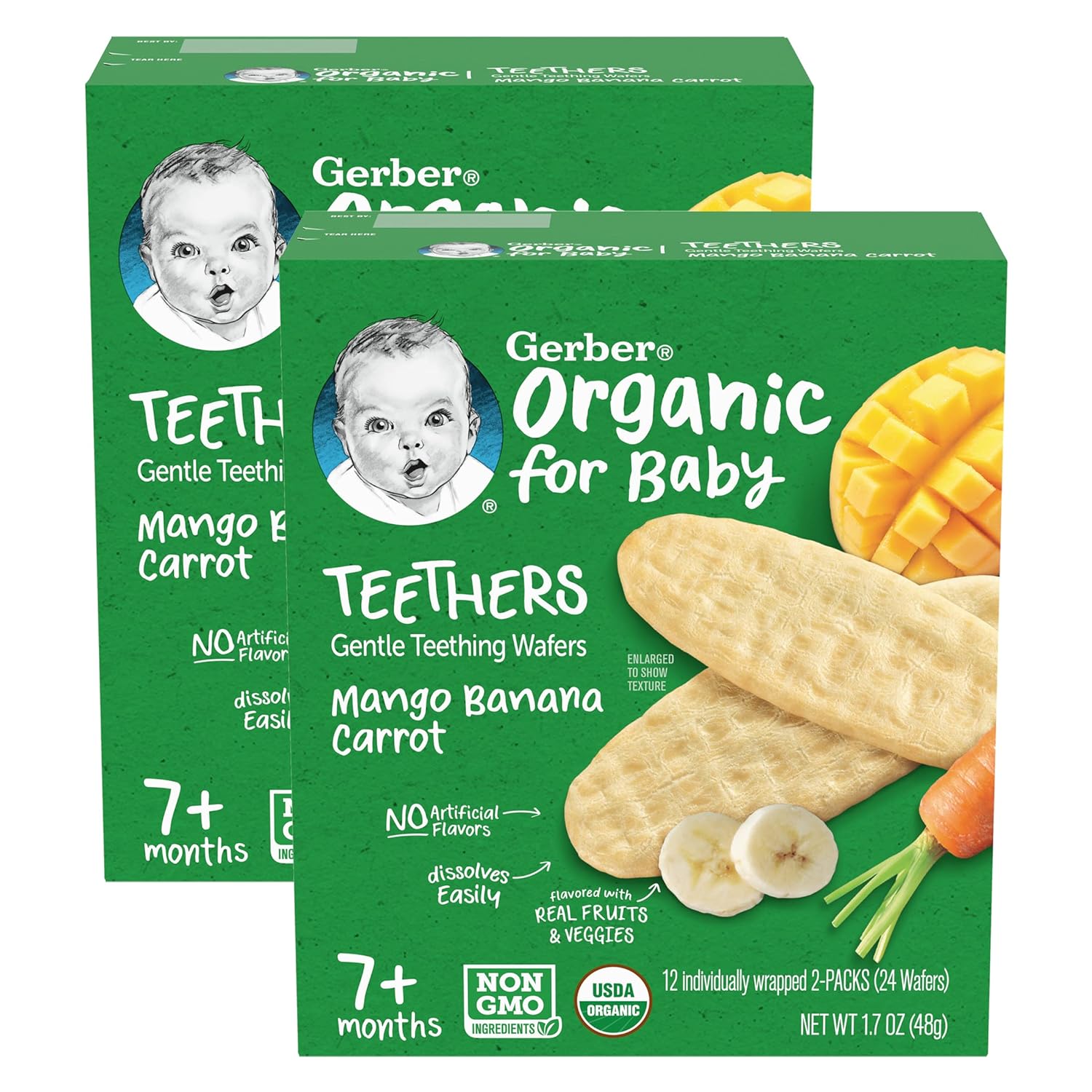 Gerber Organic for Baby Teethers, Mango Banana Carrot, Gentle Teething Wafers, Made with Non-GMO Ingredients, 12 Individually Wrapped 2 Packs Per Box (Pack of 2 Boxes)