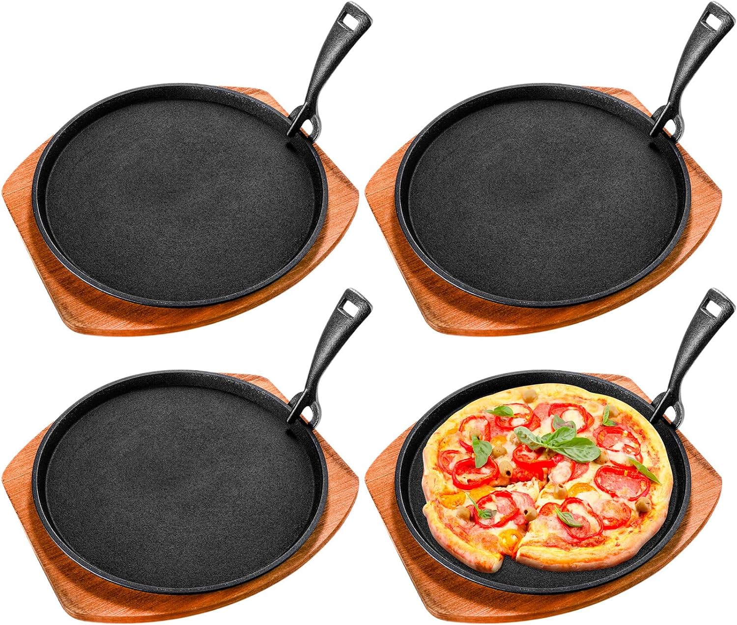 Cast Iron Fajita Plate Set 9.84” Steak Plate Sizzling Pan with Wooden Base and Gripper for Home Restaurant Kitchen Catering Cooking for Grilling Meats Seafood(4 Sets)