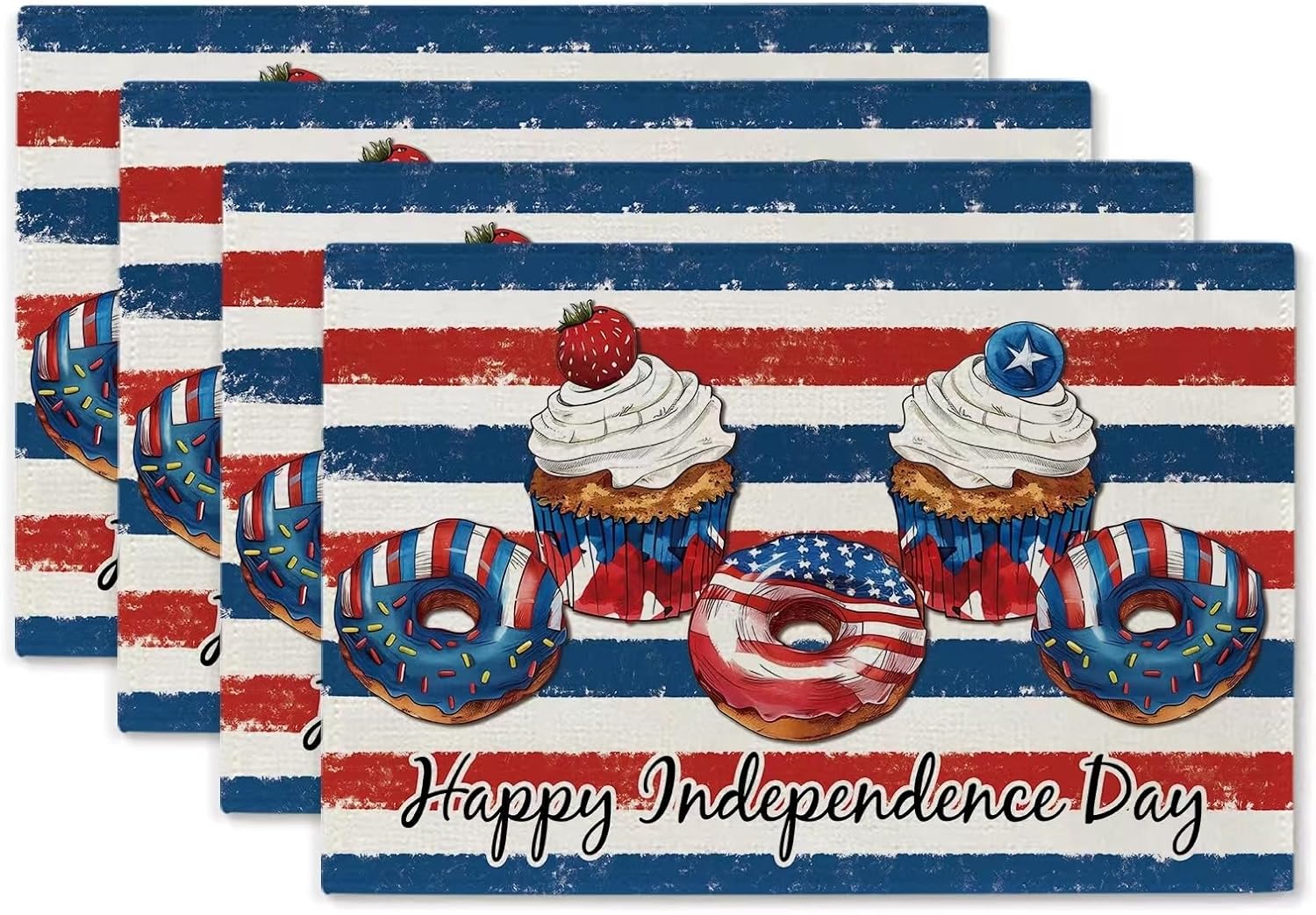 GPGHE 4th of July Placemats Set of 4 Stripe Cake Donut Happy Independence Day Patriotic Memorial Day Table Mats Banquet Home Party Kitchen Dining Decor 12×18 Inch