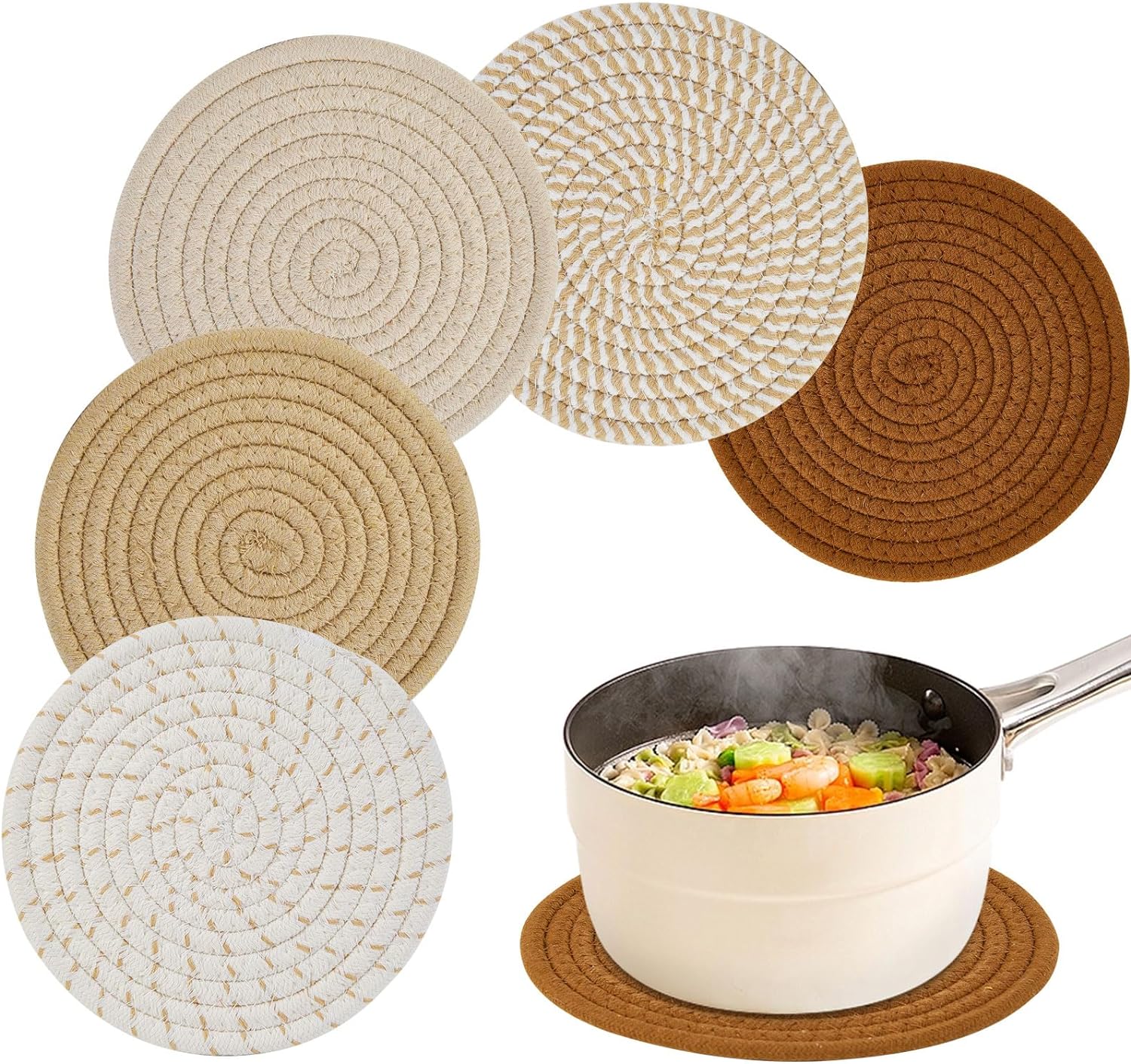 7″ Handmade Trivets for Hot Dishes, Hot pots and Pans, 5 PCS Minimalist Cotton Hot Plate Mats, Woven Heat-Resistant Pot Holders Pads Set for Kitchen Counter Table Home Essentials for Housewarming