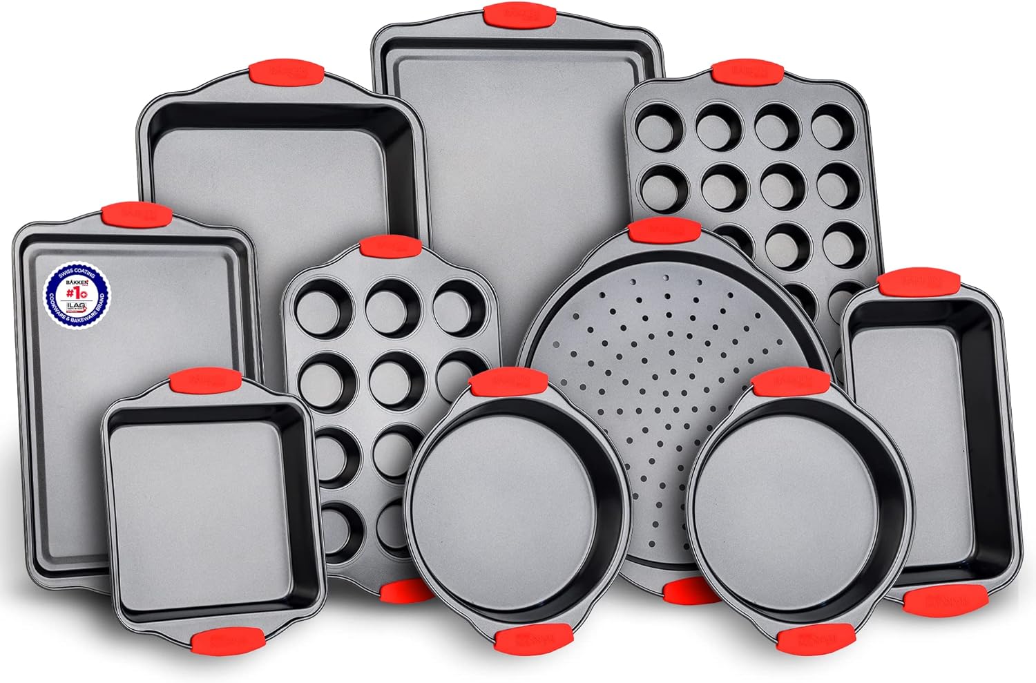Baking Set – 10 Piece Kitchen Oven Bakeware Set – Deluxe Non-Stick Blue Coating Inside and Outside – Carbon Steel – Red Silicone Handles – PFOA PFOS and PTFE Free by Bakken,Black