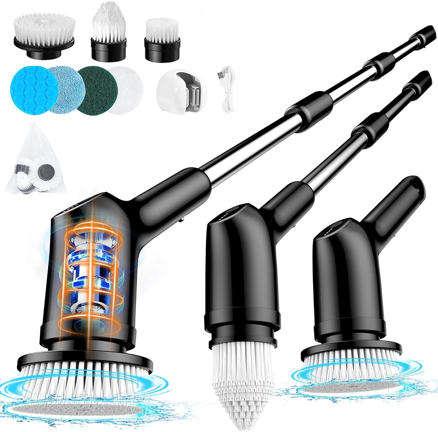 Electric Spin Scrubber, Cordless Cleaning Brush with 3 Adjustable Speeds and 9 Replaceable Cleaning Heads, Adjustable Extension Arm and LED Screen Power Shower Scrubber for Bathroom, Tub, Tile, Floor
