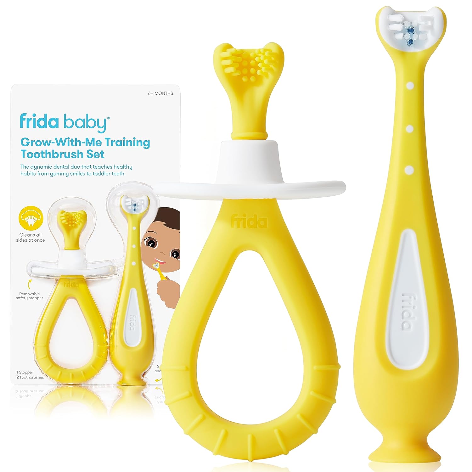 Frida Baby Grow-with-Me Baby Toothbrush Training Set | Infant to Toddler Toothbrush 0-12 months, Cleans All Sides at Once, Oral Care for Sensitive Gums | Yellow
