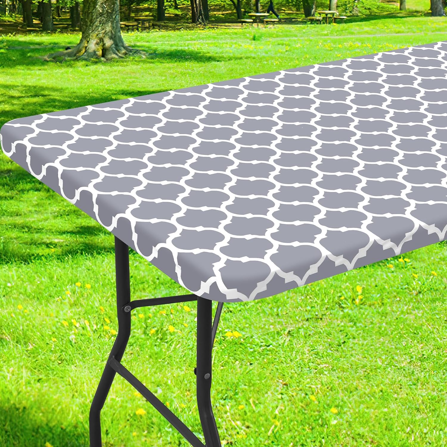 smiry Rectangle Picnic Tablecloth, Waterproof Elastic Fitted Table Covers for 6 Foot Tables, Wipeable Flannel Backed Vinyl Tablecloths for Camping, Indoor, Outdoor (Grey Morocco, 30×72 Inches)
