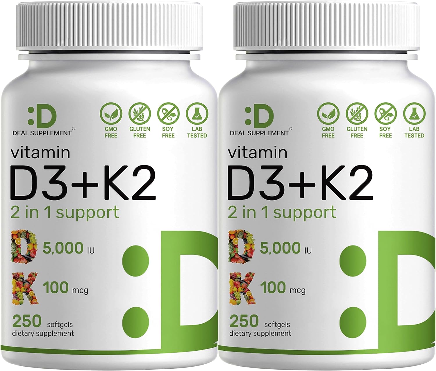 2 Pack Deal Supplement Vitamin D3 K2 Softgel, 250 Count, 2-1 Complex, Vitamin D3 5000 IU & Vitamin K2 MK7, Promotes Heart, Bone & Teeth Health – Very Easy to Swallow