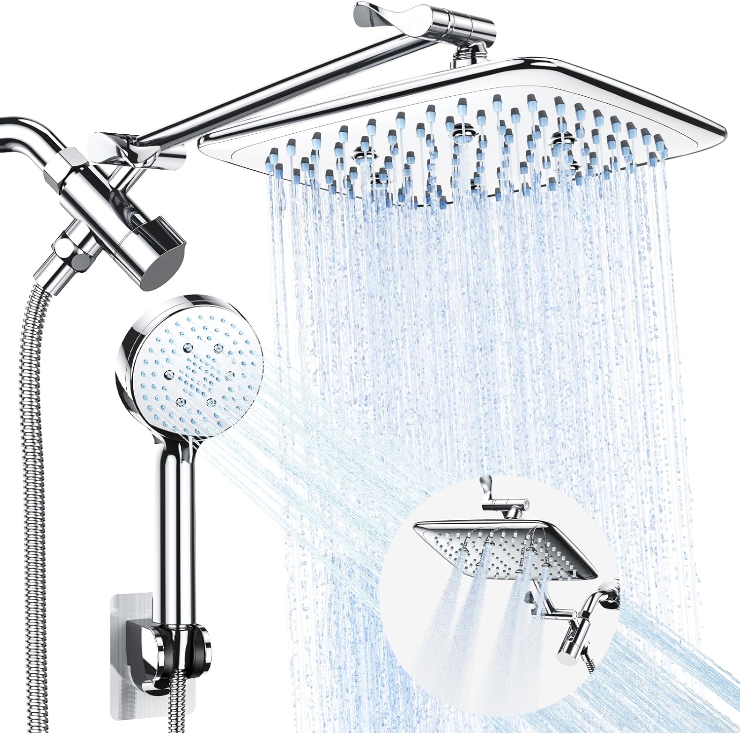 Veken Multifunction High Pressure Rain Shower Head Combo with Extension Arm- Easy to Install Wide Rainfall Showerhead with 3 Water Spray Modes – Adjustable Dual Showerhead with Anti-Clog Nozzles