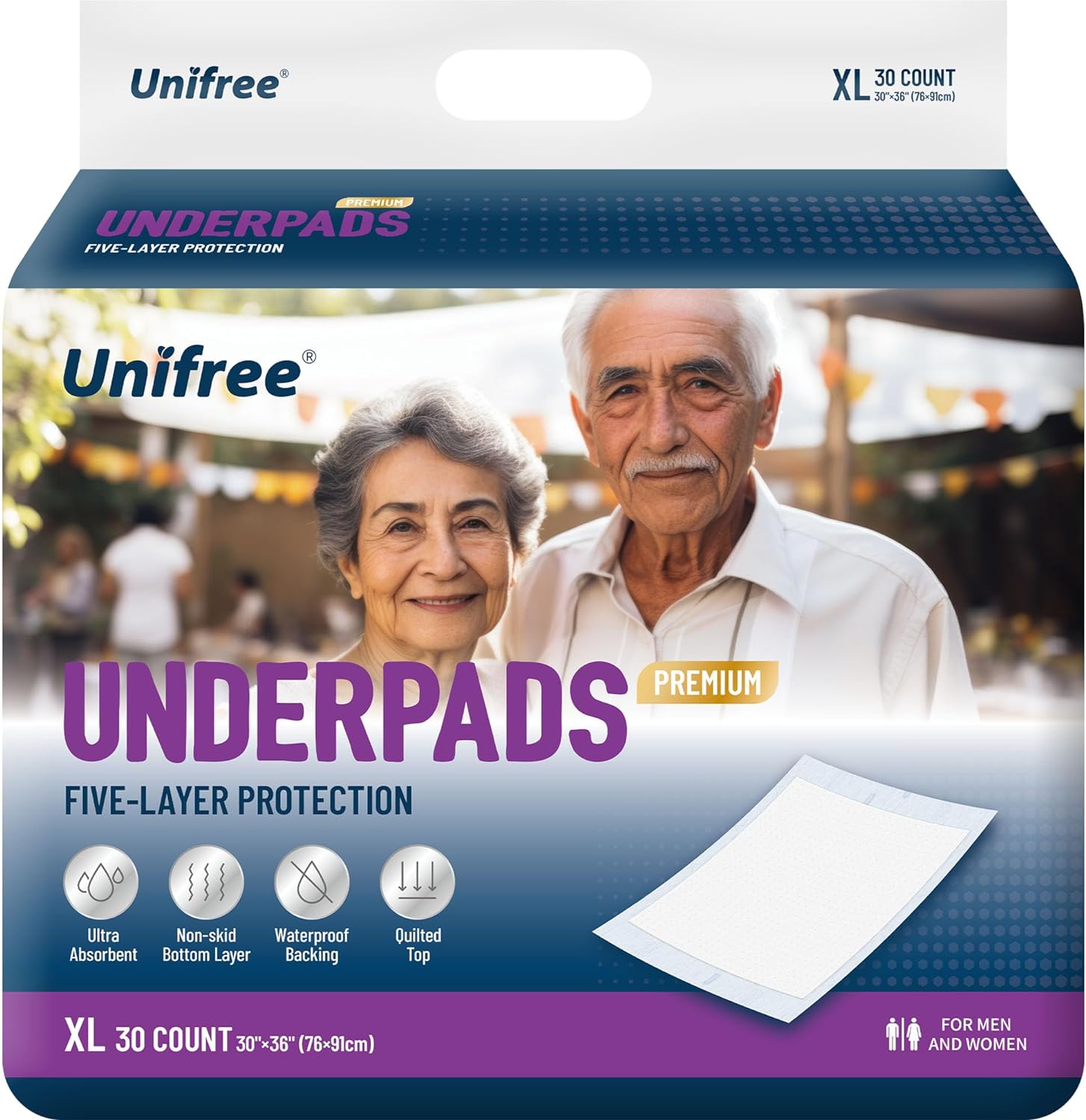 Unifree Premium Disposable Underpads, Bed Pads,Incontinence Pads, Anti-Slip Back, Super AbsorbentChux Pads, Heavy Duty, 30 Count (XL 30×36 Inch)