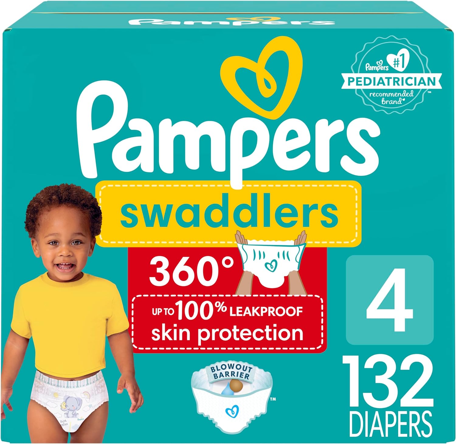 Pampers Swaddlers 360 Pull-On Diapers, Size 4, 132 Count, One Month Supply, for up to 100% Leakproof Skin Protection and Easy Changes