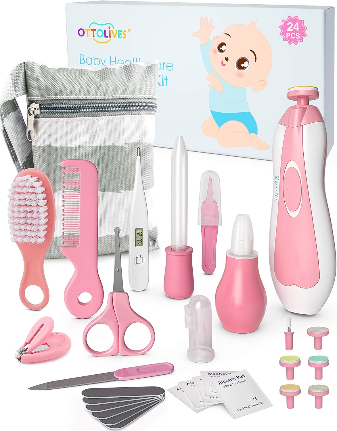 OTTOLIVES Baby Healthcare and Grooming Kit, Baby Electric Nail Trimmer Set Newborn Nursery Health Care Set for Newborn Infant Toddlers Baby Boys Girls Kids (Pink)