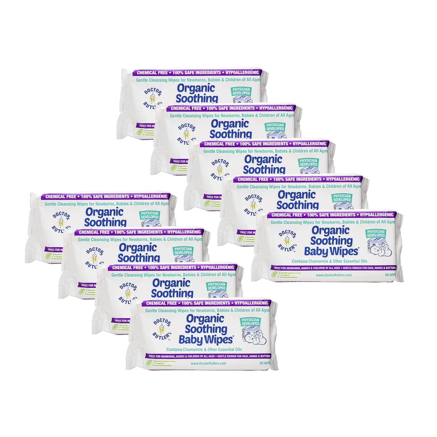 Doctor Butler’s Organic Baby Wipes – Hypoallergenic & All-Natural Fragrance Free Baby Wipes Safe for Sensitive Skin and for Postpartum Moms with Chamomile & Essential Oils (9pk – 540 Wipes)