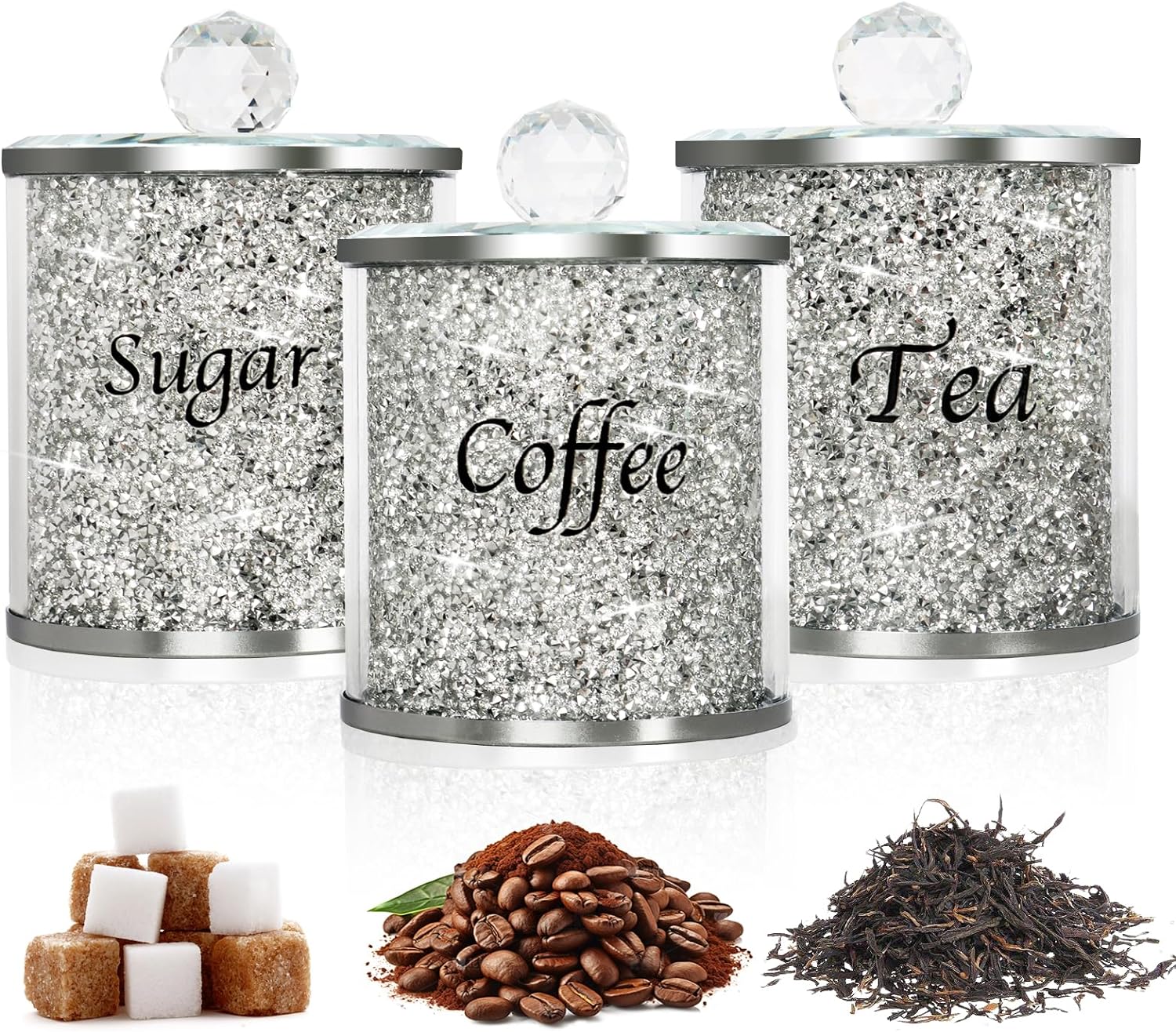 Kitchen Canisters for Countertop, Tea Coffee Sugar Canister Set of 3, 1000ml/34oz Crystal Glass Jars, Silver Wide-mouth Coffee Bean Jar with Lid, Crushed Diamond Food Storage Containers for Home Decor