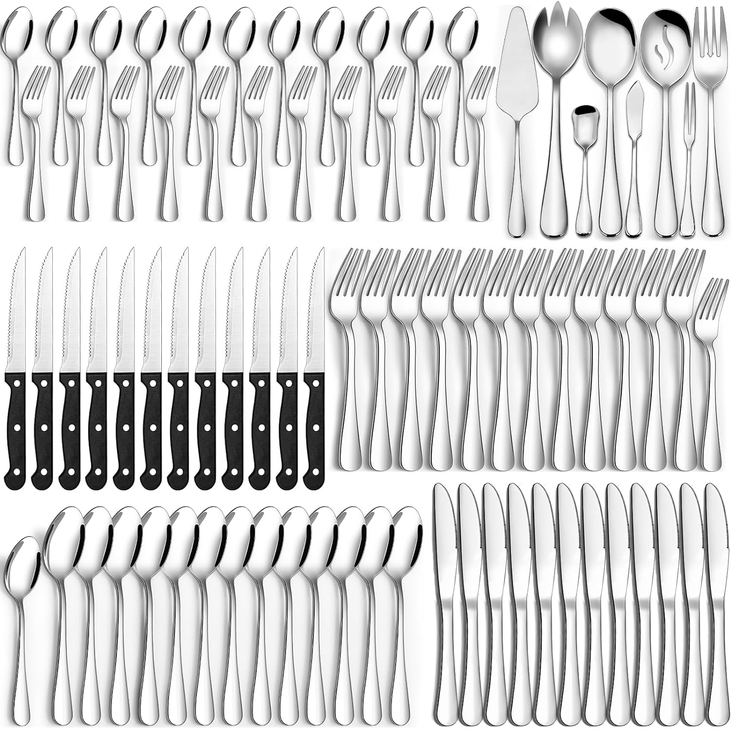 80 Pieces Silverware Set with Serving Utensils Set, CEKEE Stainless Steel Flatware Set for 12 with Steak Knives, Heavy Duty Cutlery Set, Kitchen Utensil Sets for Home Restaurant, Dishwasher Safe
