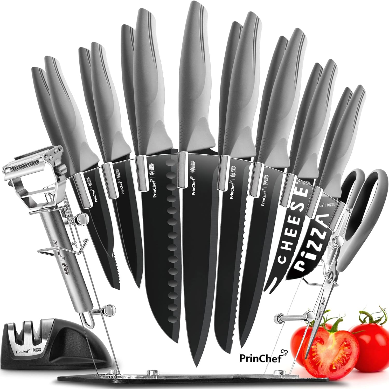 PrinChef Knife Set, 19 Pcs Rust Proof Knives Set for Kitchen, with Acrylic Stand, Sharpener, Scissors and Peeler, Stainless Steel kitchen knife set Nonstick and No Scratch