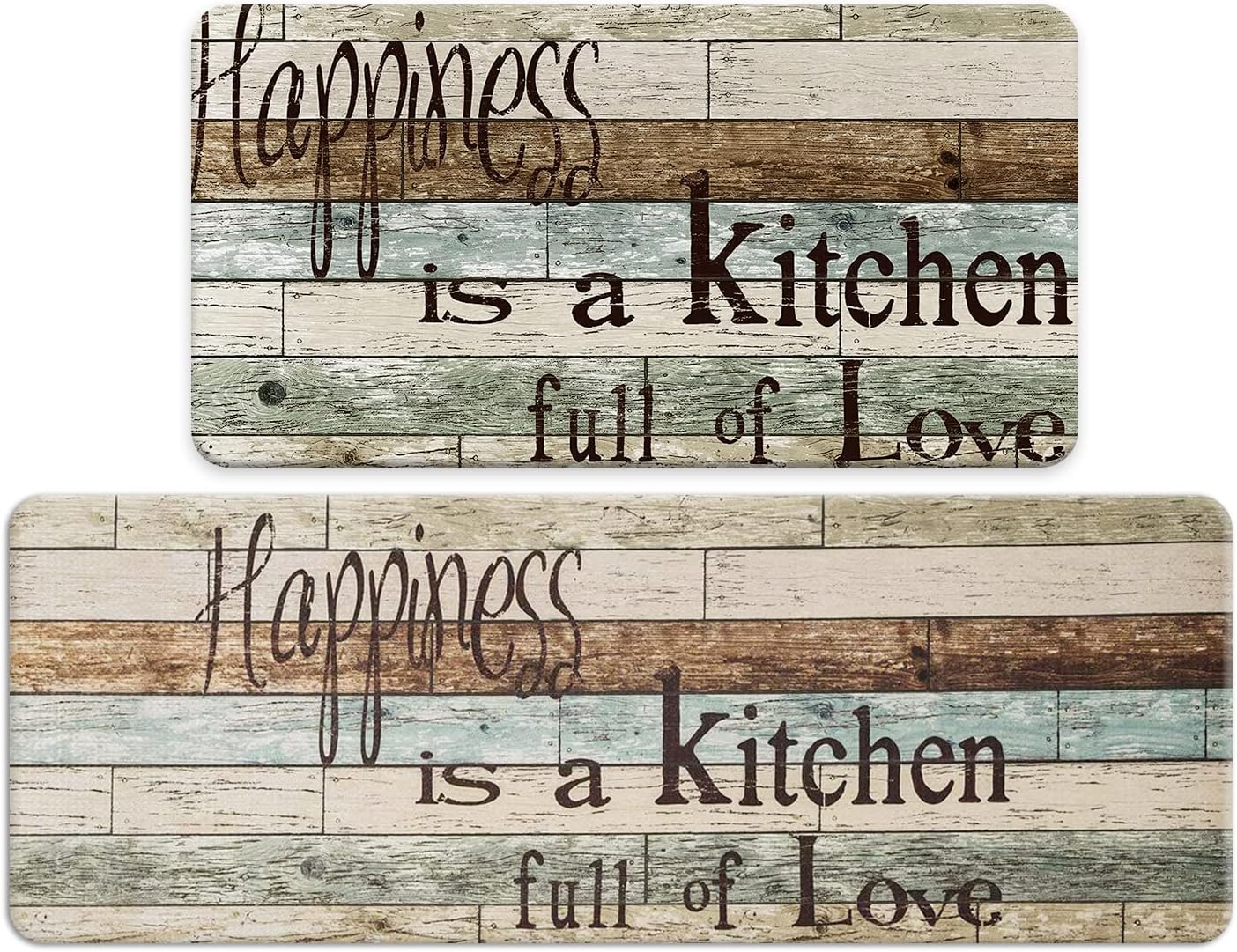 Farmhouse Kitchen Mats Sets 2 Piece Cushioned Anti-Fatigue Comfort Mat for Home & Office Ergonomically Engineered Memory Foam Kitchen Rug Waterproof Non-Skid, 30″ by 17″ + 47″ by 17″,Happiness