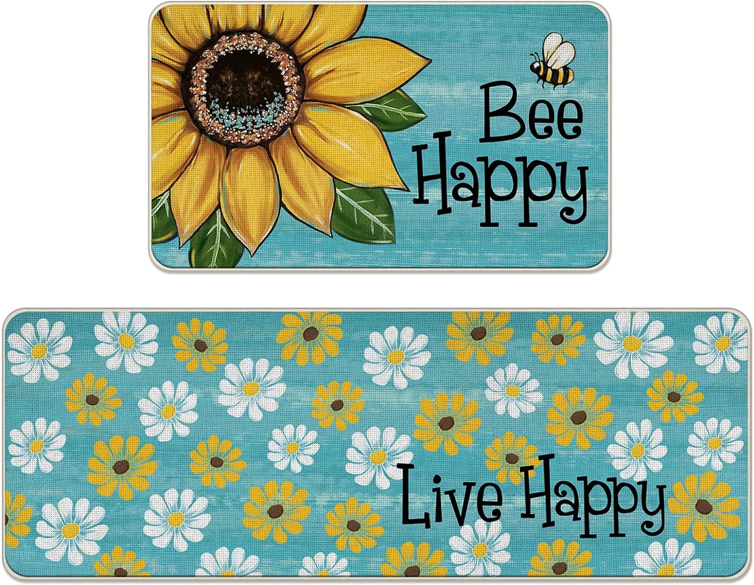 Spring Summer Bee Happy Kitchen Rugs Set of 2, Live Happy Sunflower Floral Blue Kitchen Mats Decor, Seasonal Floor Door Mat Home Decorations -17×29 and 17×47 Inch